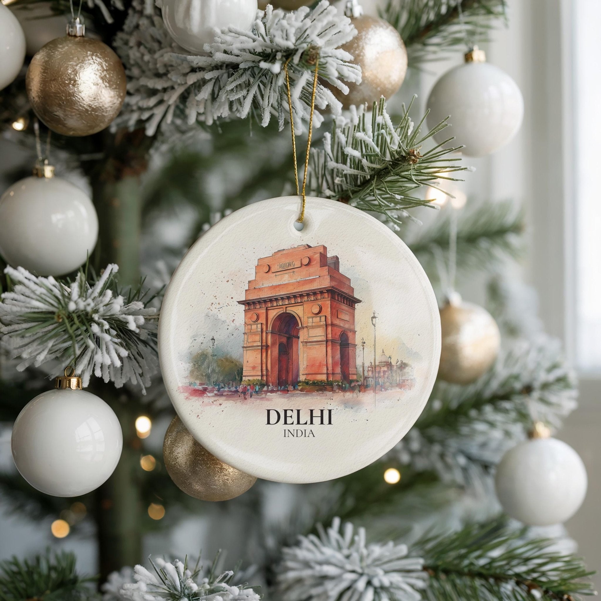 Delhi Personalized Watercolor Ornament, India Custom Ceramic Christmas gift, Travel Keepsake - CuteBeePix
