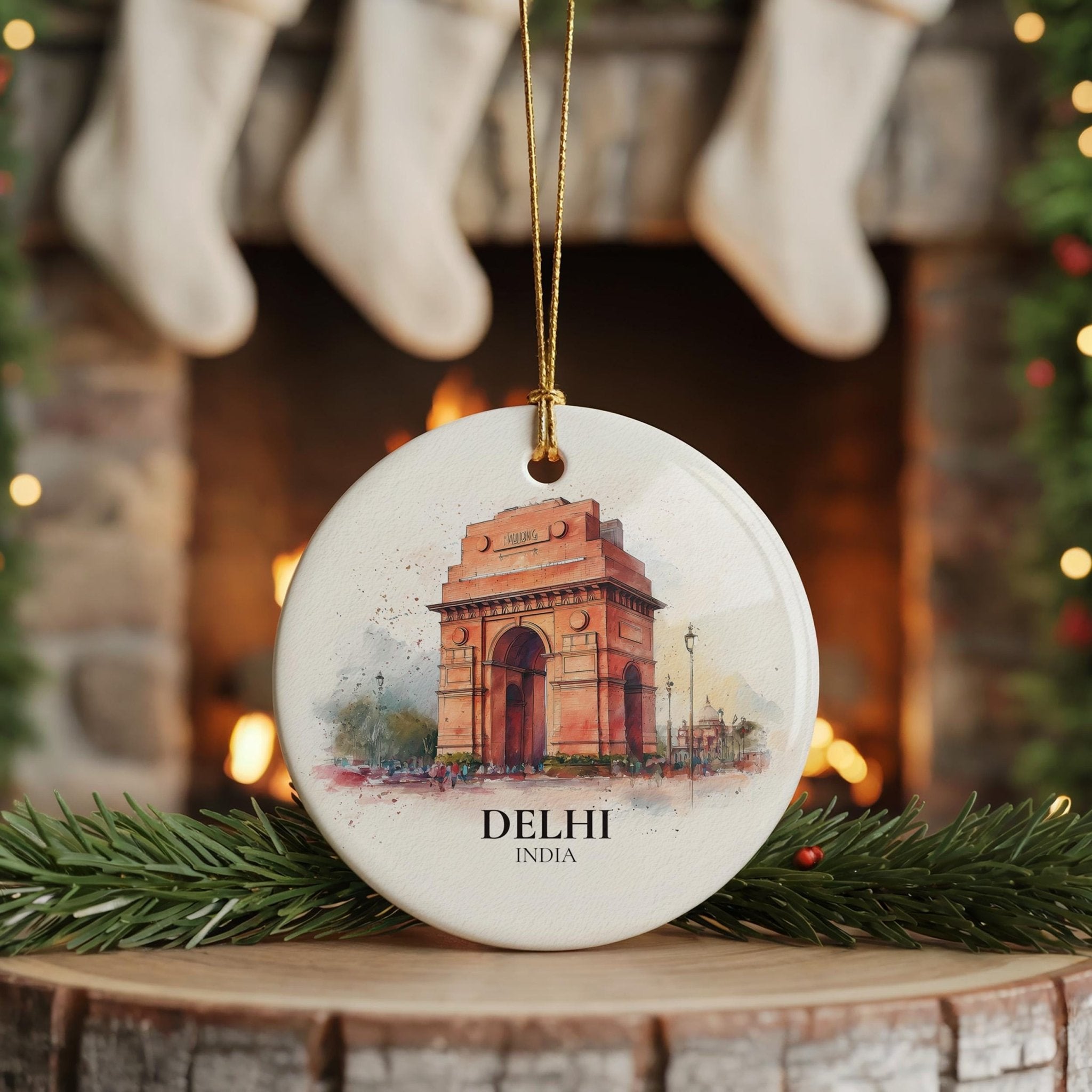 Delhi Personalized Watercolor Ornament, India Custom Ceramic Christmas gift, Travel Keepsake - CuteBeePix