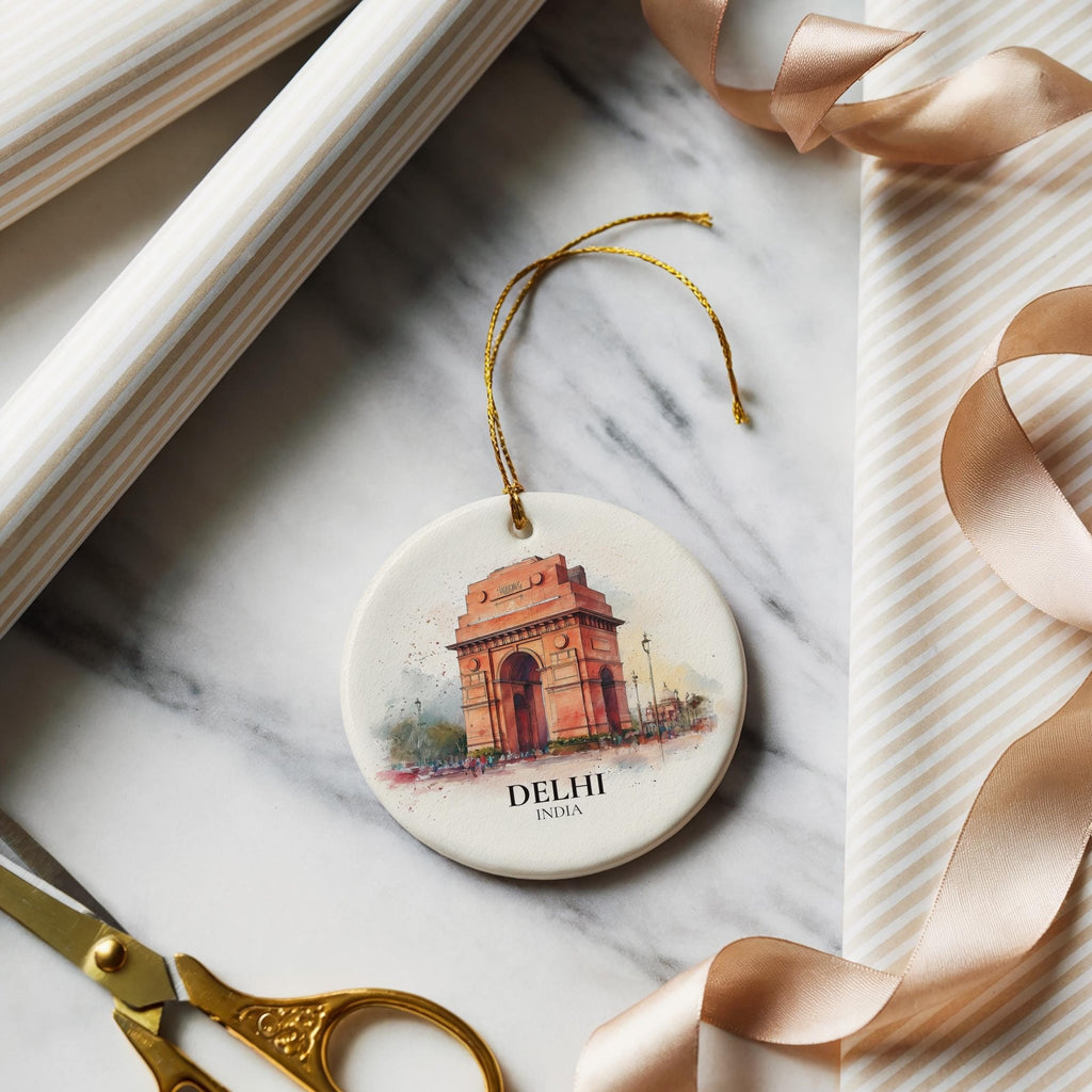 Delhi Personalized Watercolor Ornament, India Custom Ceramic Christmas gift, Travel Keepsake - CuteBeePix