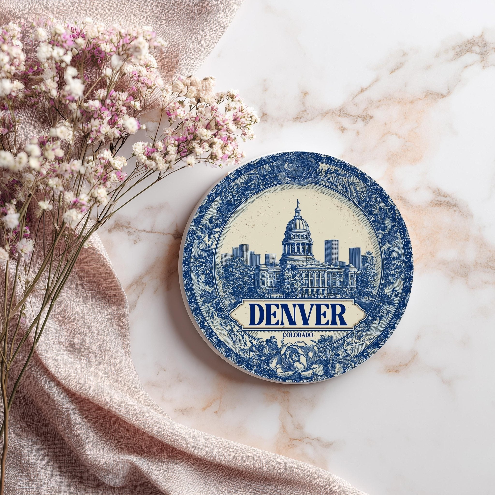 Denver Colorado Delftware Ceramic Coaster, Blue White Travel Gift, Vintage Home Decor Collectible - CuteBeePix