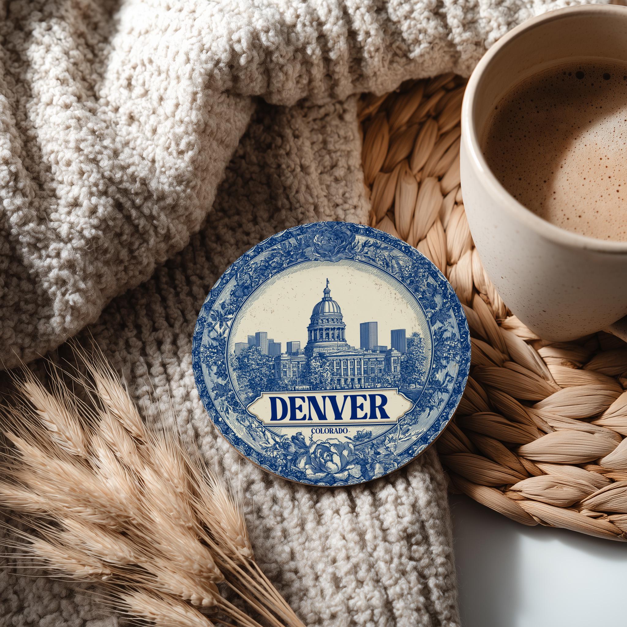 Denver Colorado Delftware Ceramic Coaster, Blue White Travel Gift, Vintage Home Decor Collectible - CuteBeePix