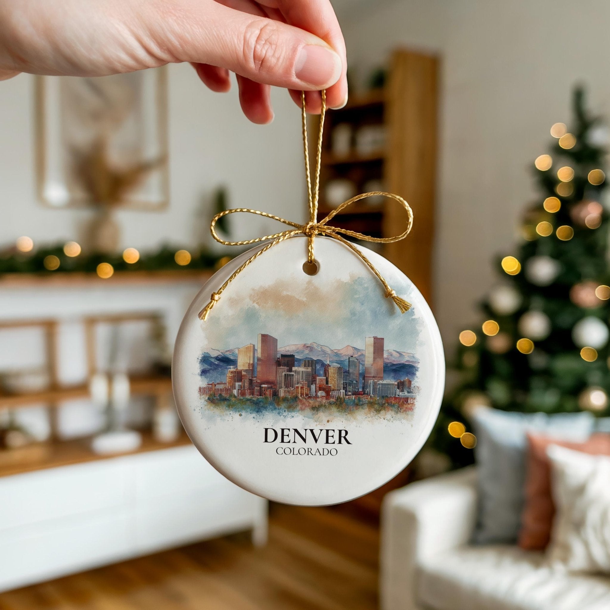 Denver Colorado Personalized Watercolor Ornament, Custom Ceramic Christmas gift, Travel Keepsake - CuteBeePix