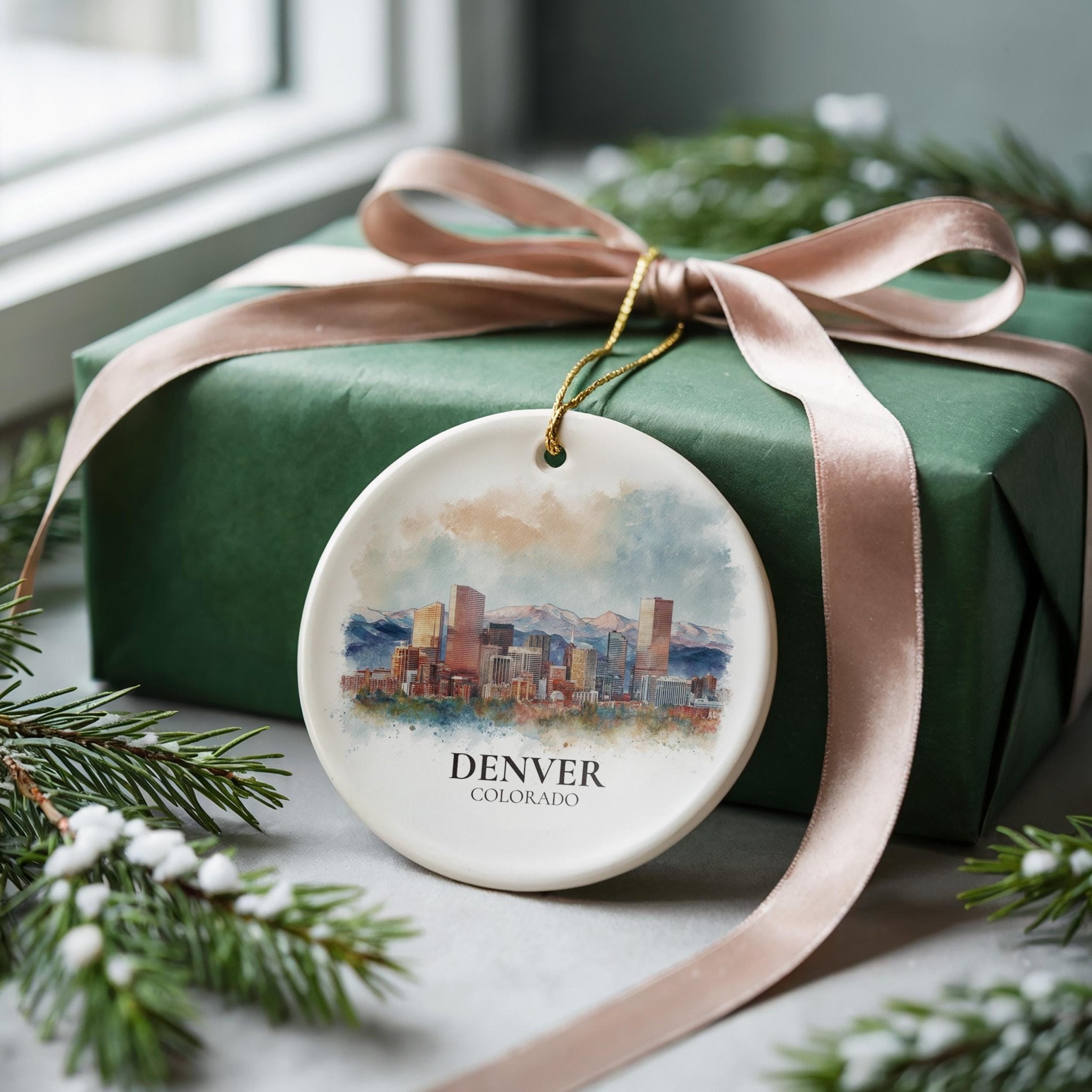 Denver Colorado Personalized Watercolor Ornament, Custom Ceramic Christmas gift, Travel Keepsake - CuteBeePix