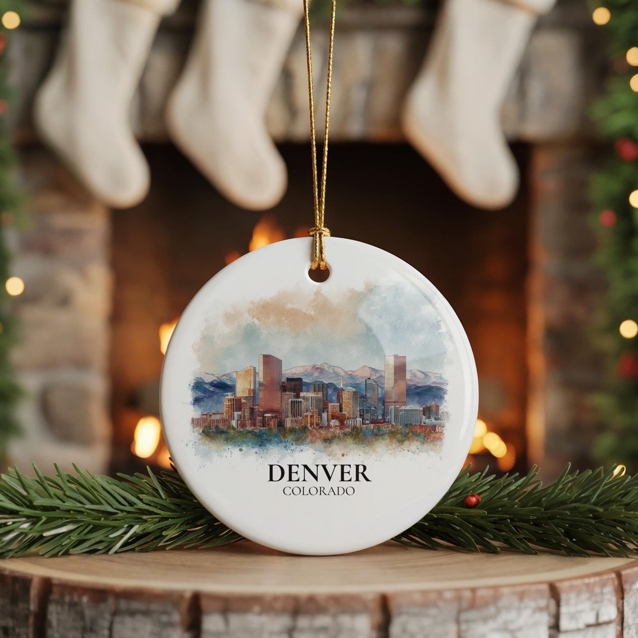 Denver Colorado Personalized Watercolor Ornament, Custom Ceramic Christmas gift, Travel Keepsake - CuteBeePix