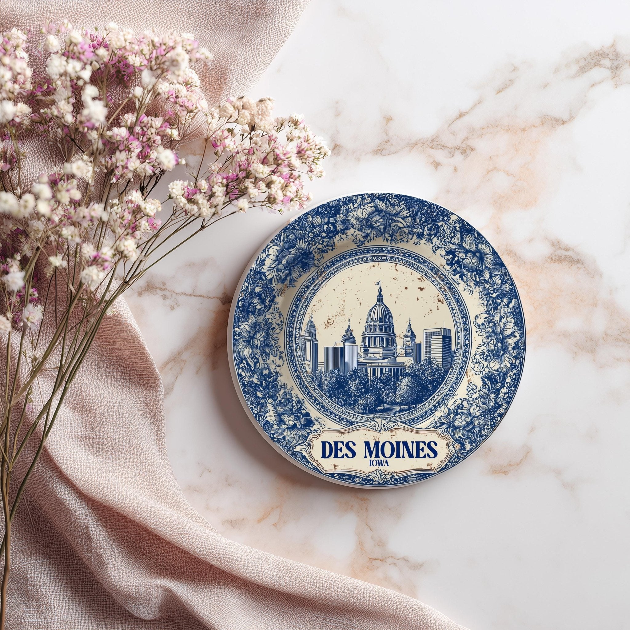 Des Moines Iowa Delftware Ceramic Coaster, Blue White Travel Gift, Vintage Home Decor Collectible - CuteBeePix