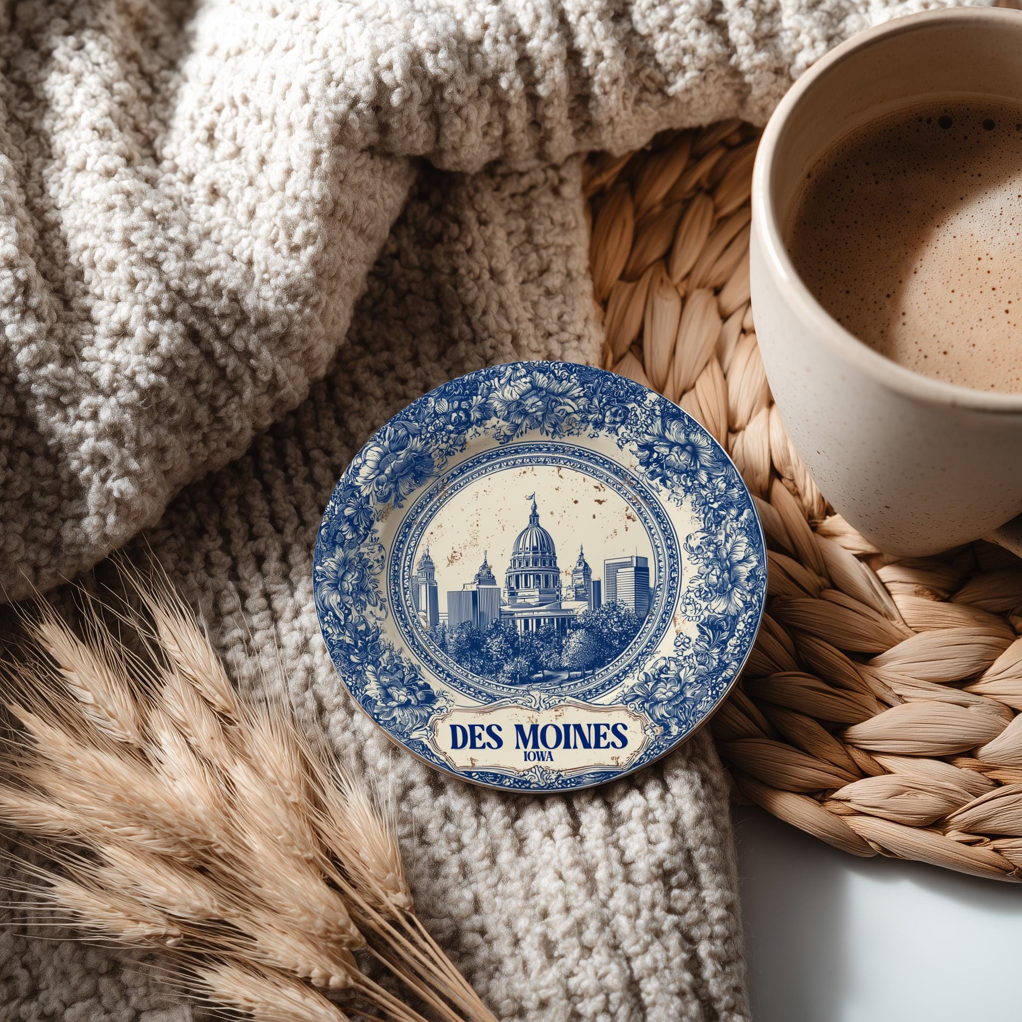 Des Moines Iowa Delftware Ceramic Coaster, Blue White Travel Gift, Vintage Home Decor Collectible - CuteBeePix