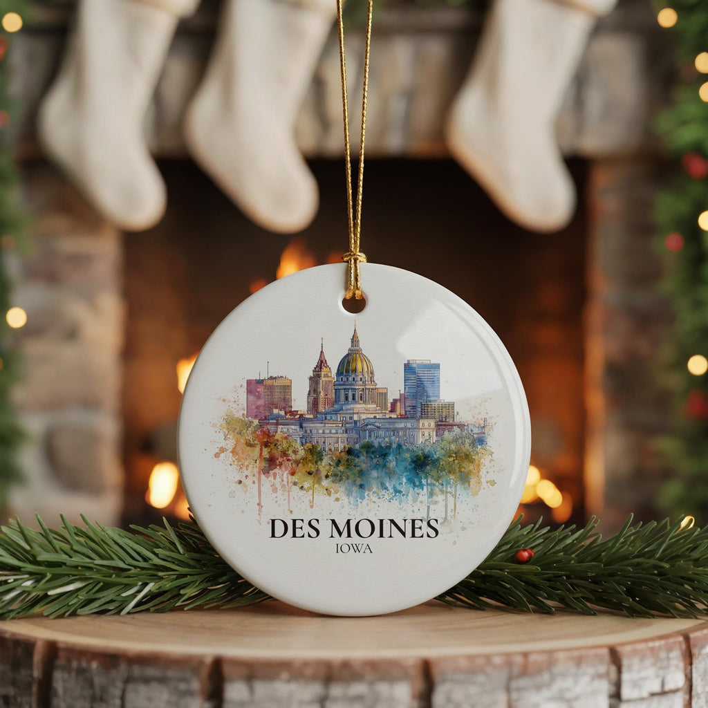 Des Moines Iowa Personalized Watercolor Ornament, Custom Ceramic Christmas gift, Travel Keepsake - CuteBeePix