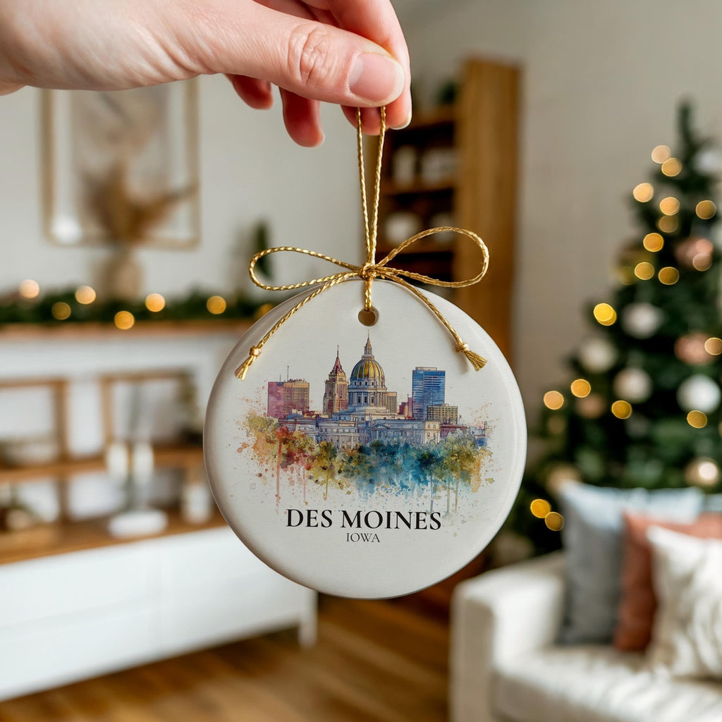 Des Moines Iowa Personalized Watercolor Ornament, Custom Ceramic Christmas gift, Travel Keepsake - CuteBeePix