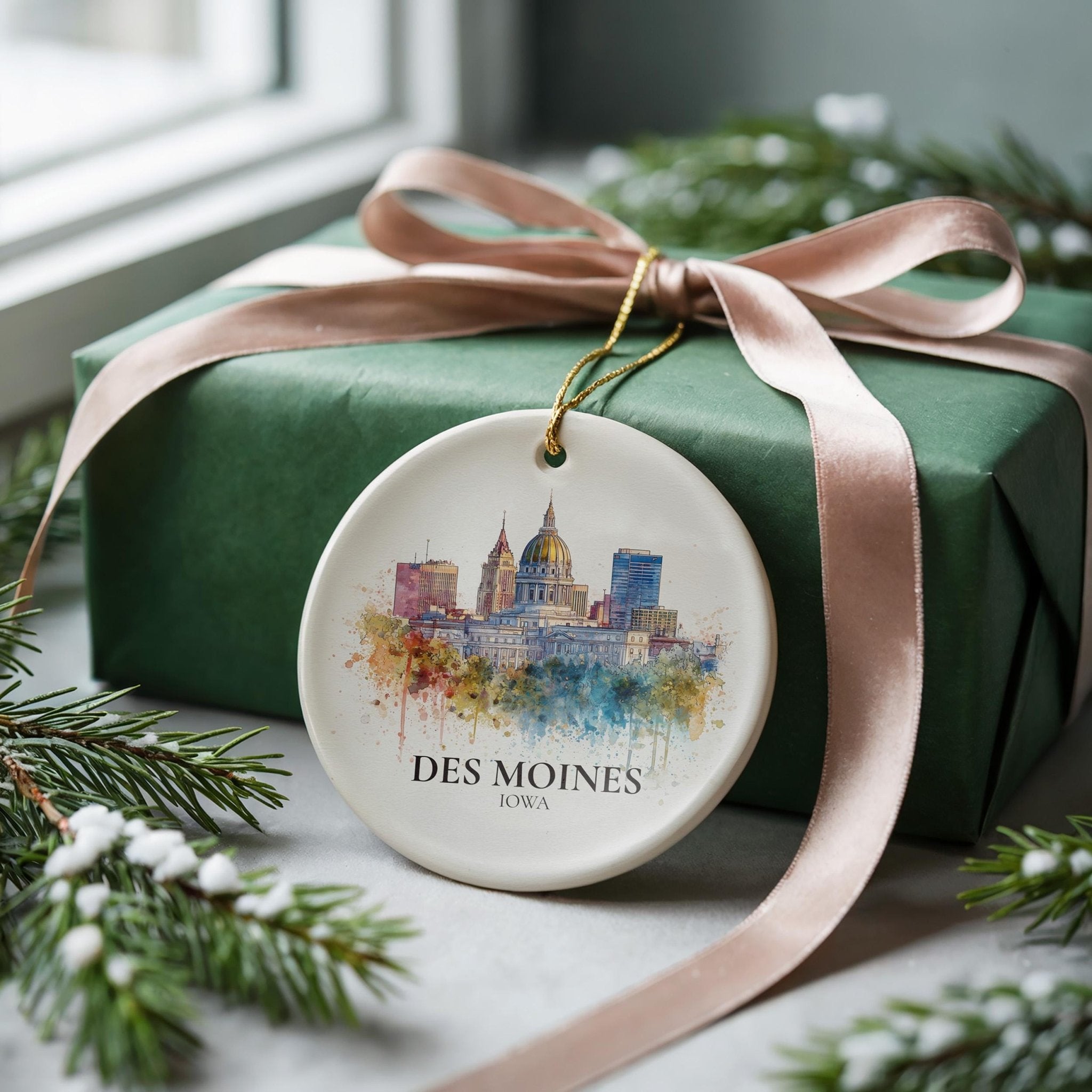 Des Moines Iowa Personalized Watercolor Ornament, Custom Ceramic Christmas gift, Travel Keepsake - CuteBeePix