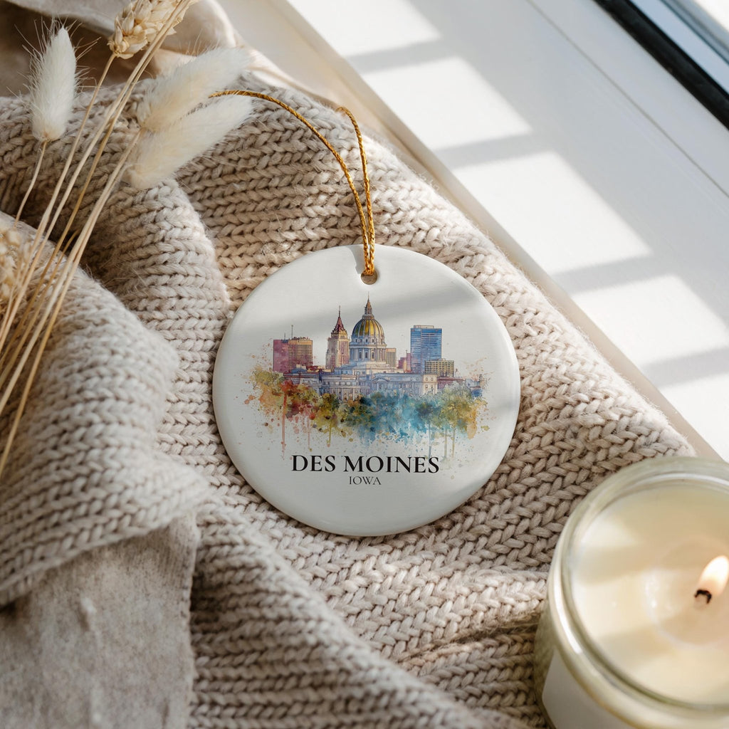 Des Moines Iowa Personalized Watercolor Ornament, Custom Ceramic Christmas gift, Travel Keepsake - CuteBeePix