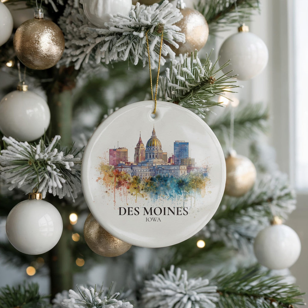 Des Moines Iowa Personalized Watercolor Ornament, Custom Ceramic Christmas gift, Travel Keepsake - CuteBeePix