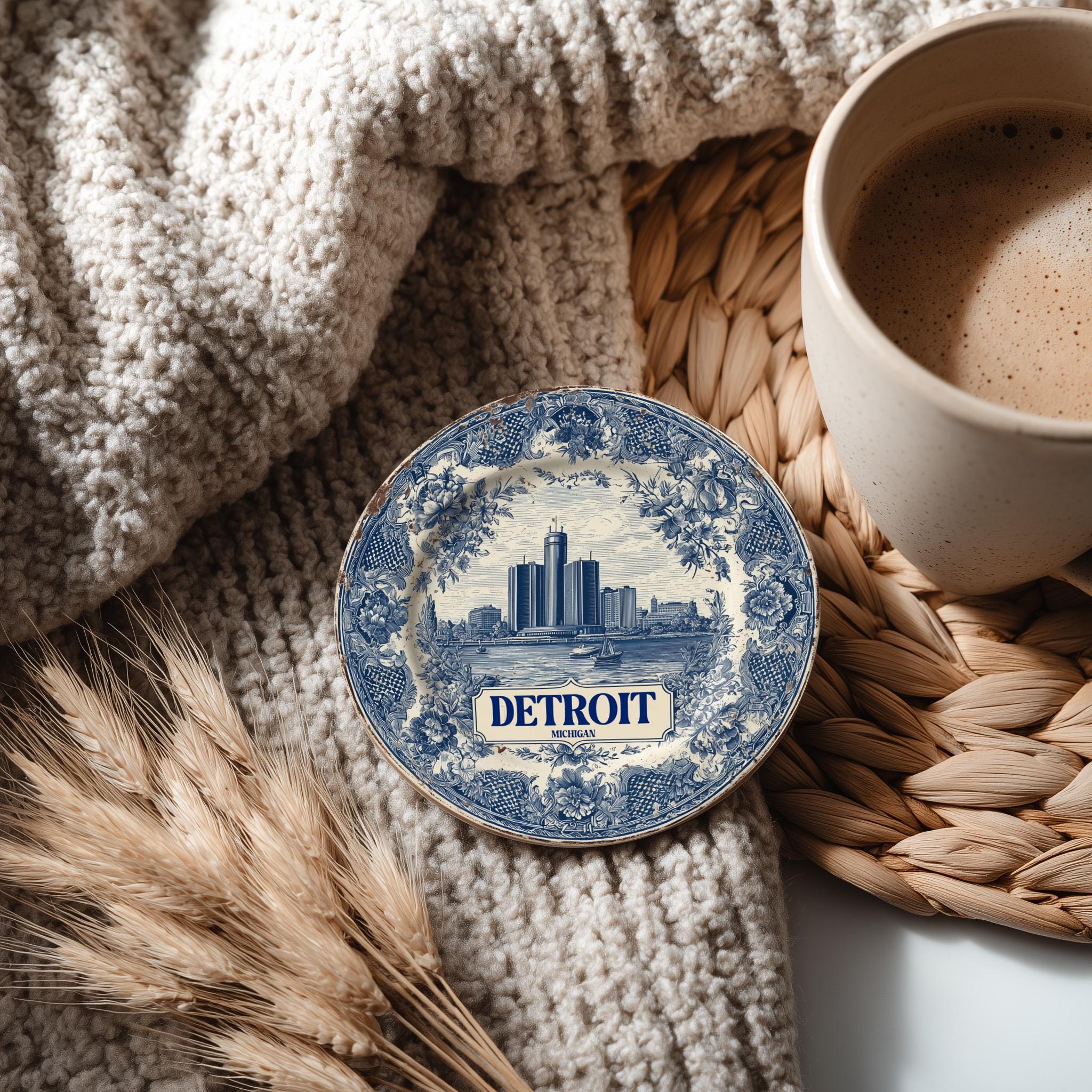 Detroit Michigan Delftware Ceramic Coaster, Blue White Travel Gift, Vintage Home Decor Collectible - CuteBeePix
