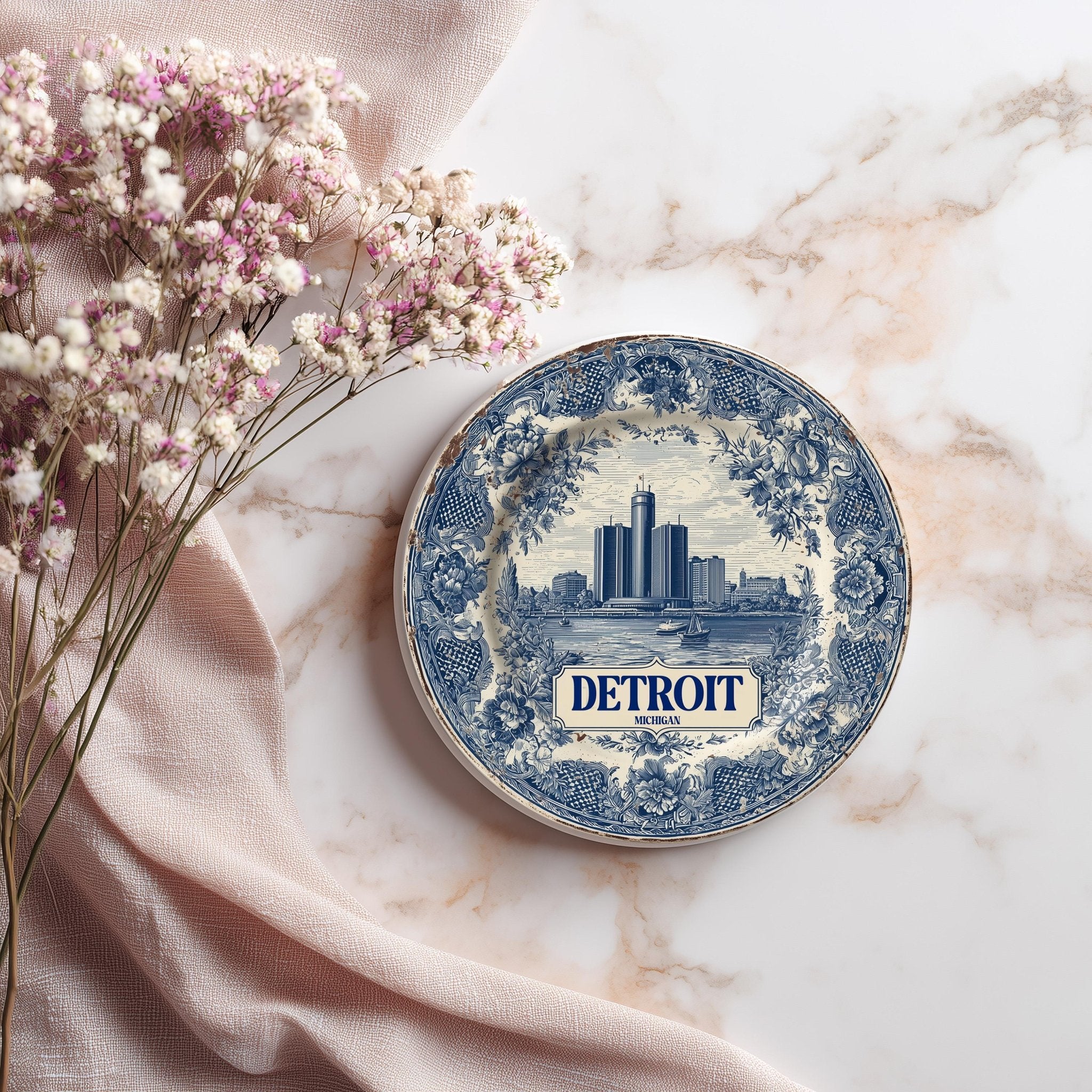 Detroit Michigan Delftware Ceramic Coaster, Blue White Travel Gift, Vintage Home Decor Collectible - CuteBeePix