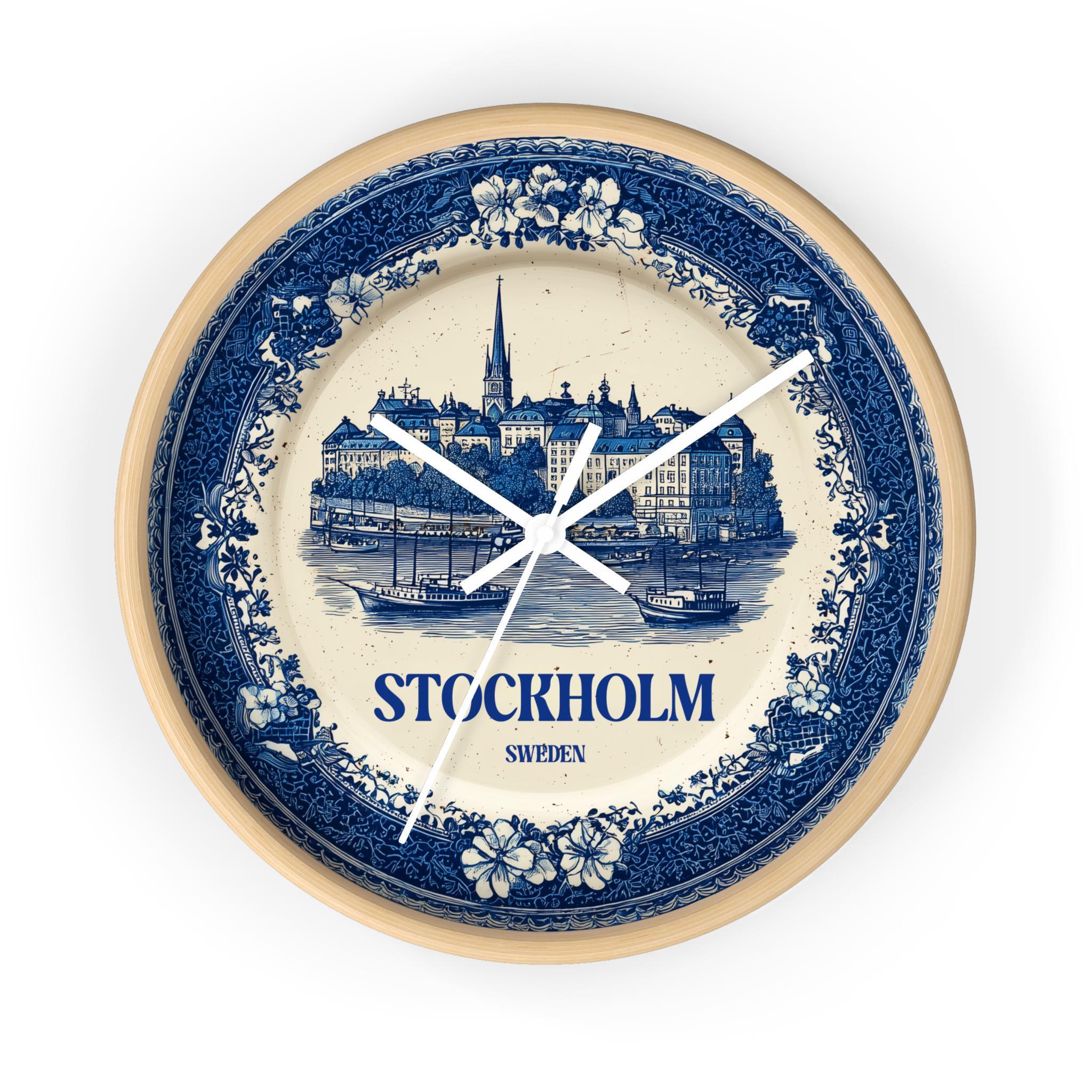 Stockholm Sweden Wall Clock, Delf style Home Decor, Vintage City Travel Keepsake Art