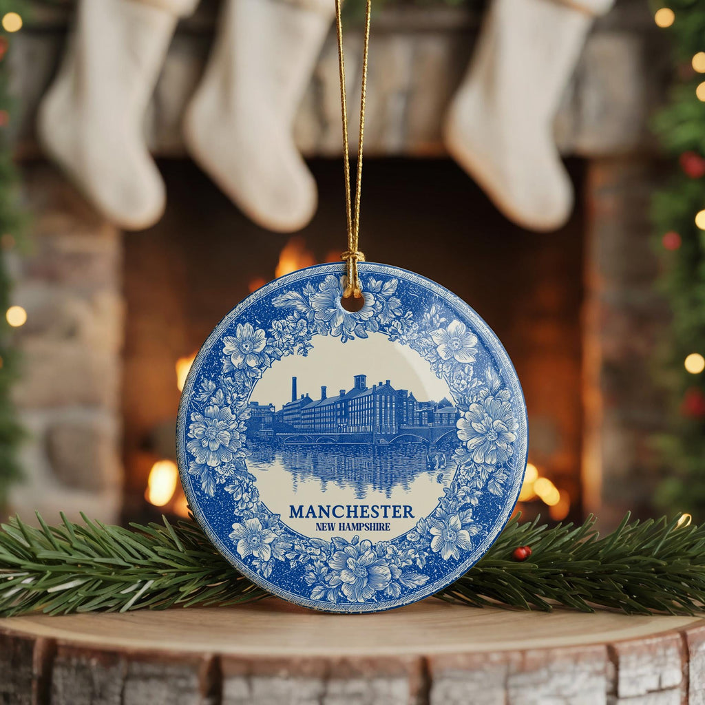 Custom Manchester New Hampshire Ceramic Delft Ornament, Christmas Delftware Blue Delftware city travel