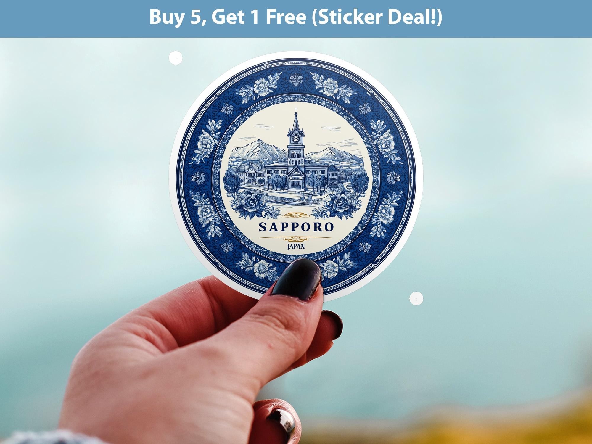 Sapporo Japan Sticker Vintage Delft style, Delftware Decal Waterproof Vinyl, Blue City Travel