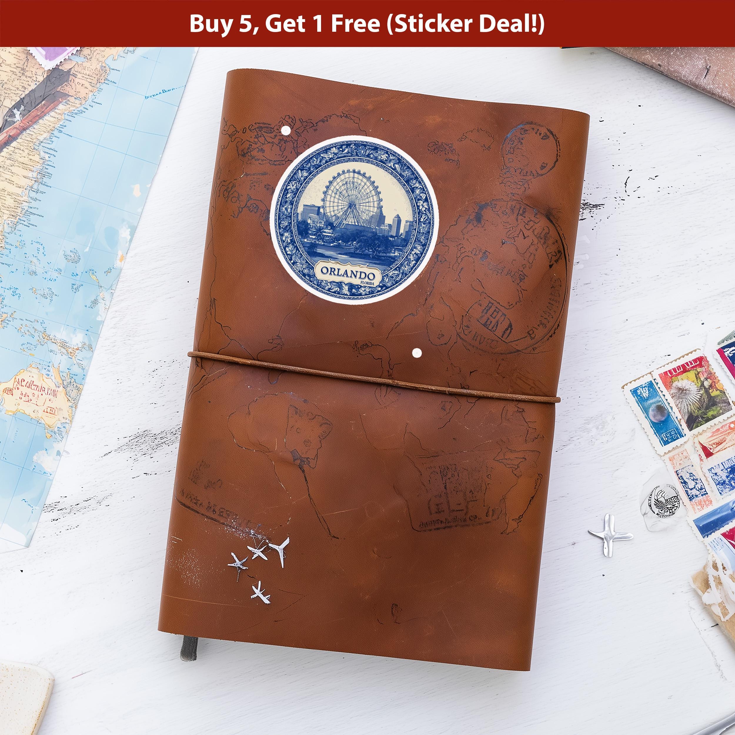 Orlando Florida Sticker Vintage Delft style, Delftware Decal Waterproof Vinyl, Blue City Travel