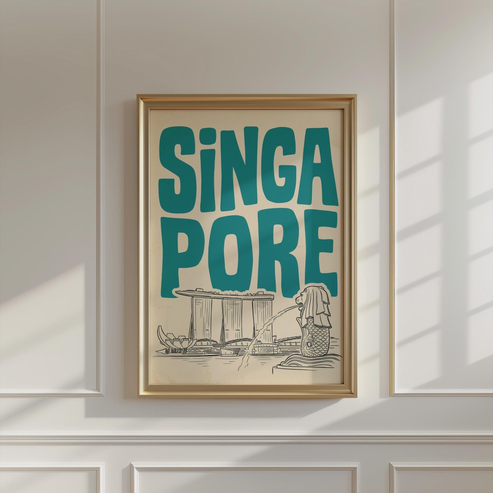 Singapore Skyline Wall Art, Retro Travel Print, Framed Canvas