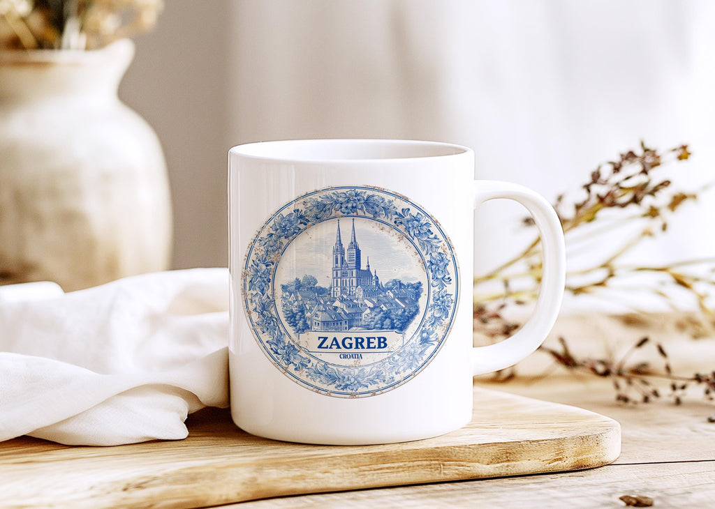 Zagreb Croatia Mug, Custom Delft Style cup, Personalized Vintage Travel City Gift