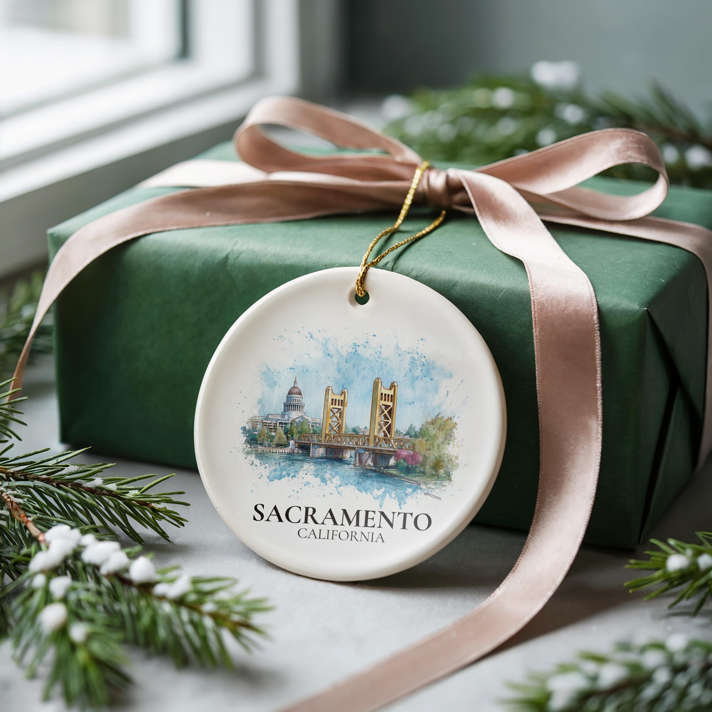 Sacramento California Personalized Watercolor Ornament, Custom Ceramic Christmas gift, Travel Keepsake
