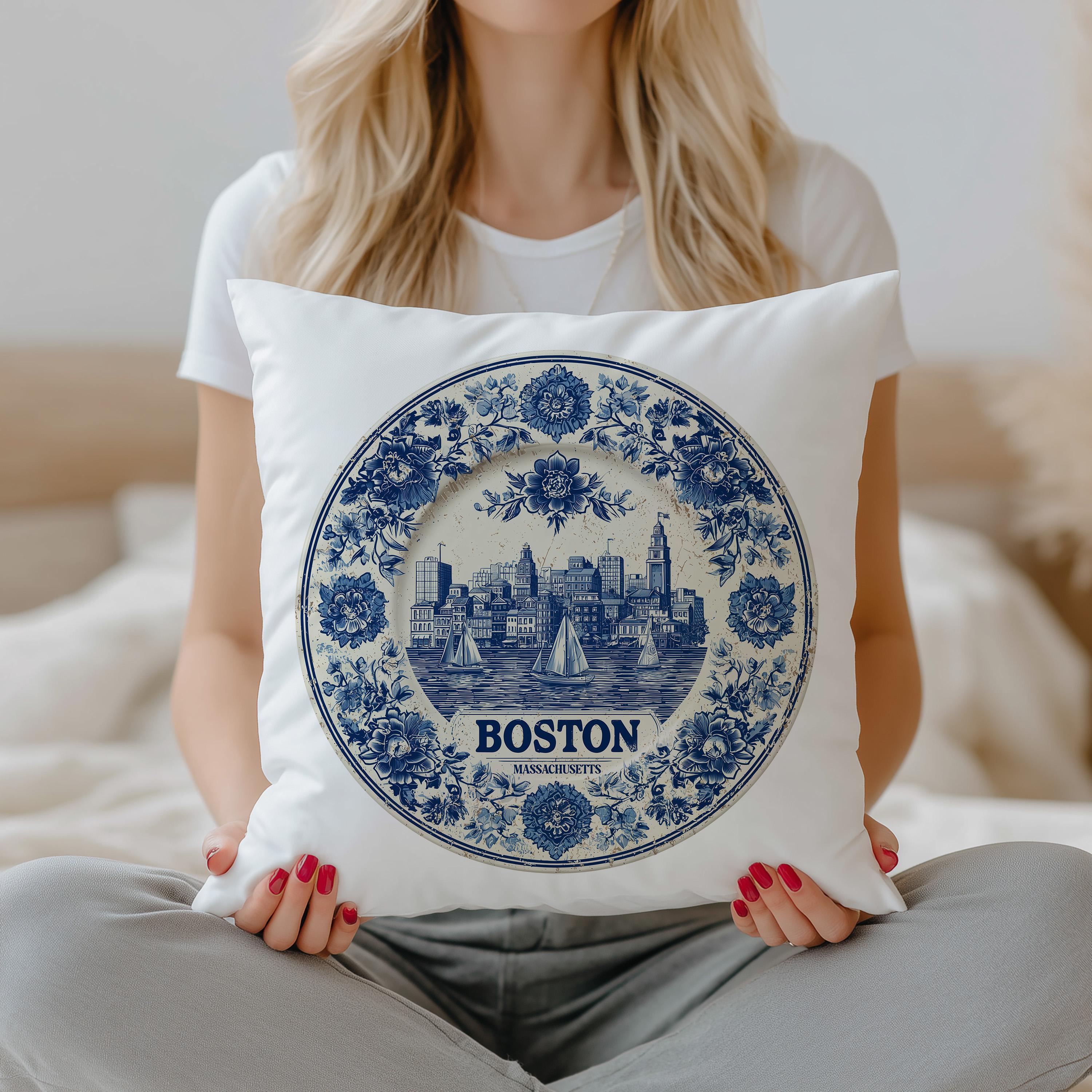Boston Massachusetts Pillowcase, Delft Style Decorative Throw Pillow, Vintage Cityscape Retro Home Decor