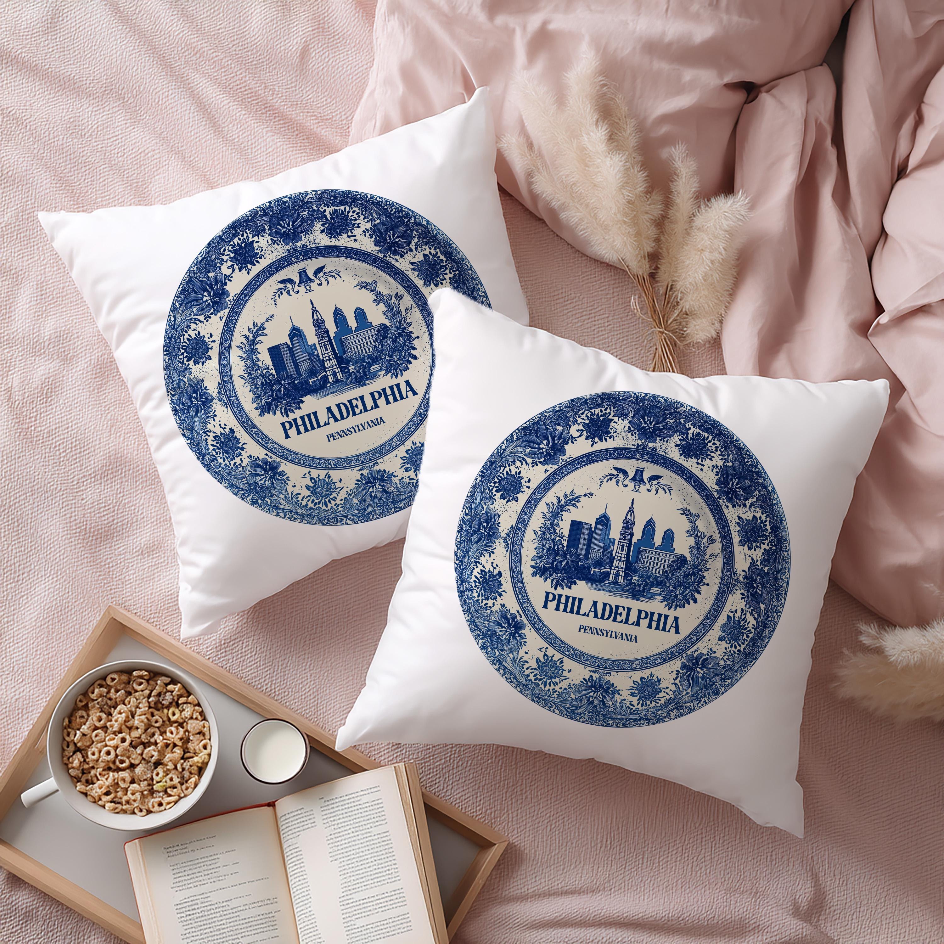 Philadelphia Pennsylvania Pillowcase, Delft Style Decorative Throw Pillow, Vintage Cityscape Retro Home Decor
