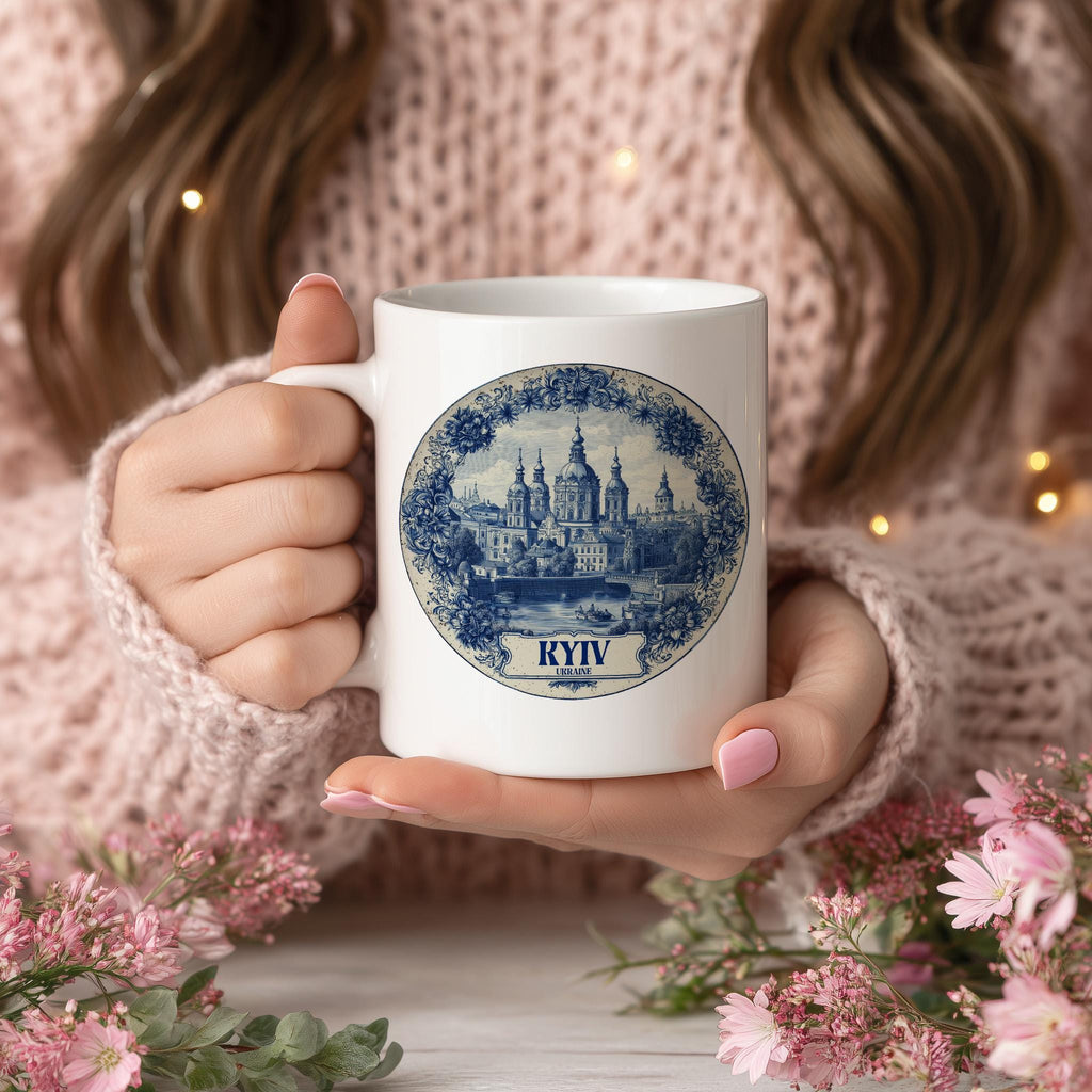 Kyiv Ukraine Mug, Custom Delft Style cup, Personalized Vintage Travel City Gift