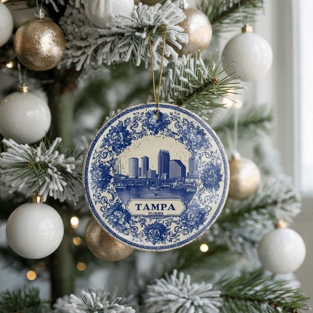 Custom Tampa Florida Ceramic Delft Ornament, Christmas Delftware Blue Delftware city travel