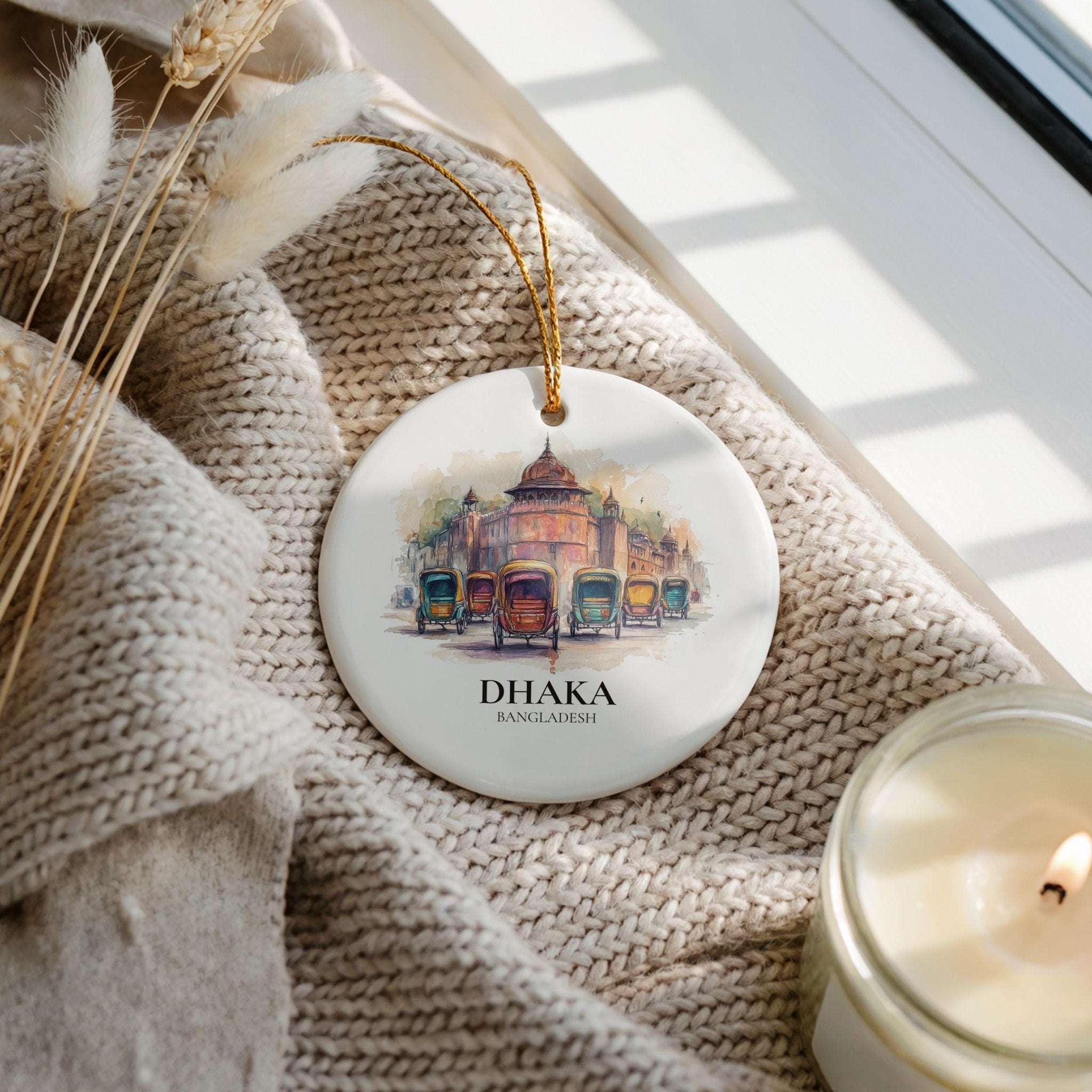 Dhaka Bangladesh Personalized Watercolor Ornament, Custom Ceramic Christmas gift, Travel Keepsake - CuteBeePix