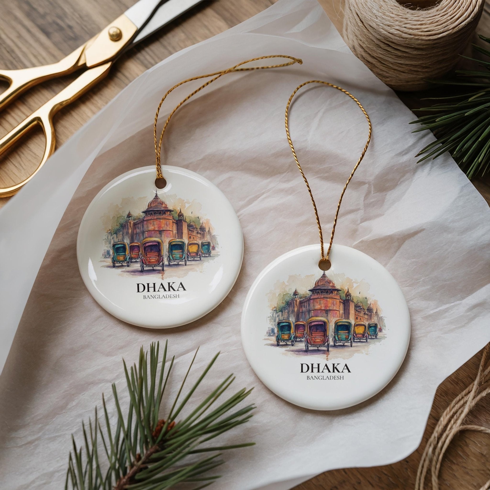 Dhaka Bangladesh Personalized Watercolor Ornament, Custom Ceramic Christmas gift, Travel Keepsake - CuteBeePix