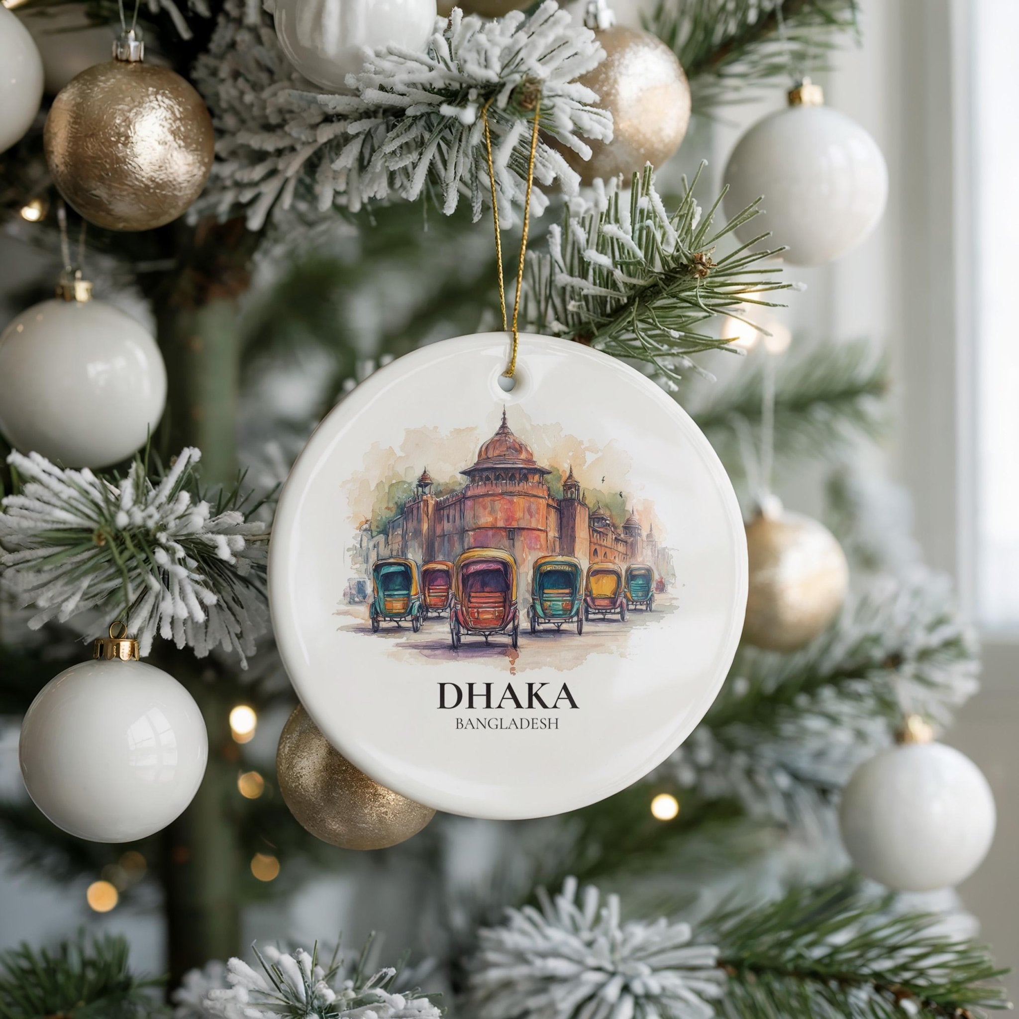 Dhaka Bangladesh Personalized Watercolor Ornament, Custom Ceramic Christmas gift, Travel Keepsake - CuteBeePix