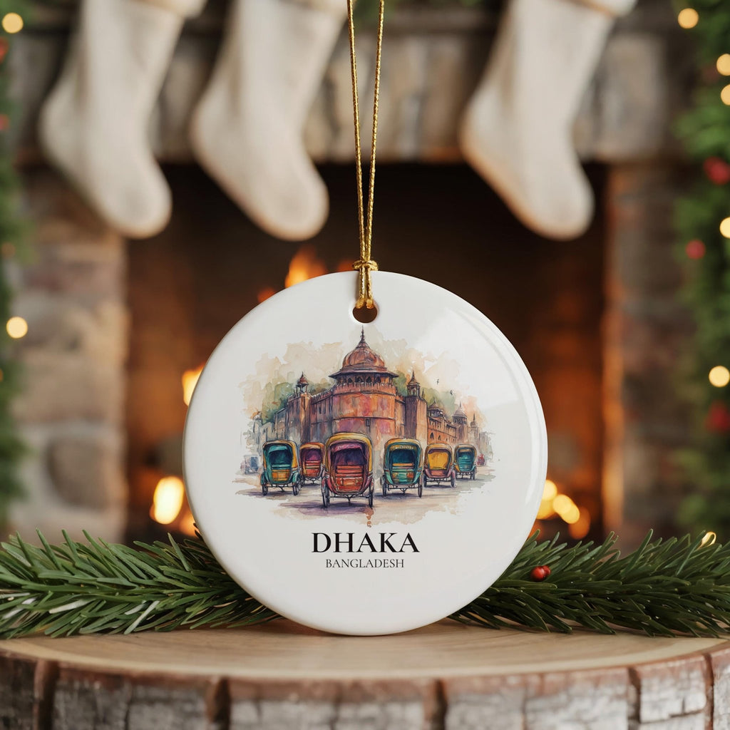 Dhaka Bangladesh Personalized Watercolor Ornament, Custom Ceramic Christmas gift, Travel Keepsake - CuteBeePix