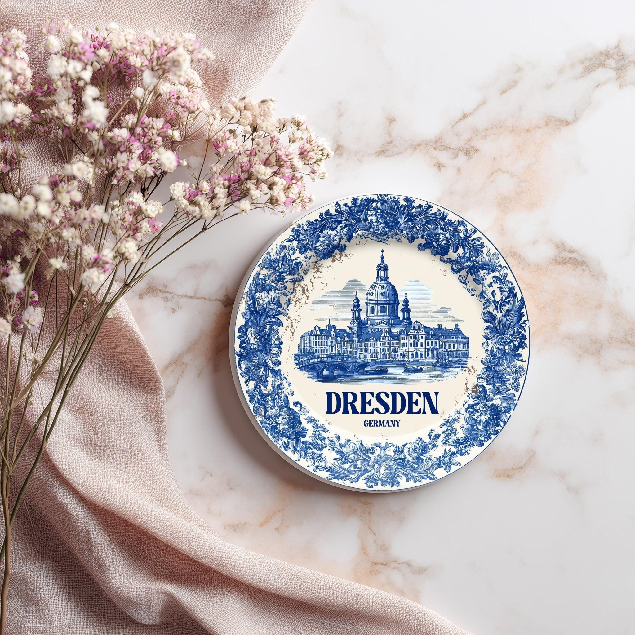 Dresden Germany Delftware Ceramic Coaster, Blue White Travel Gift, Vintage Home Decor Collectible - CuteBeePix