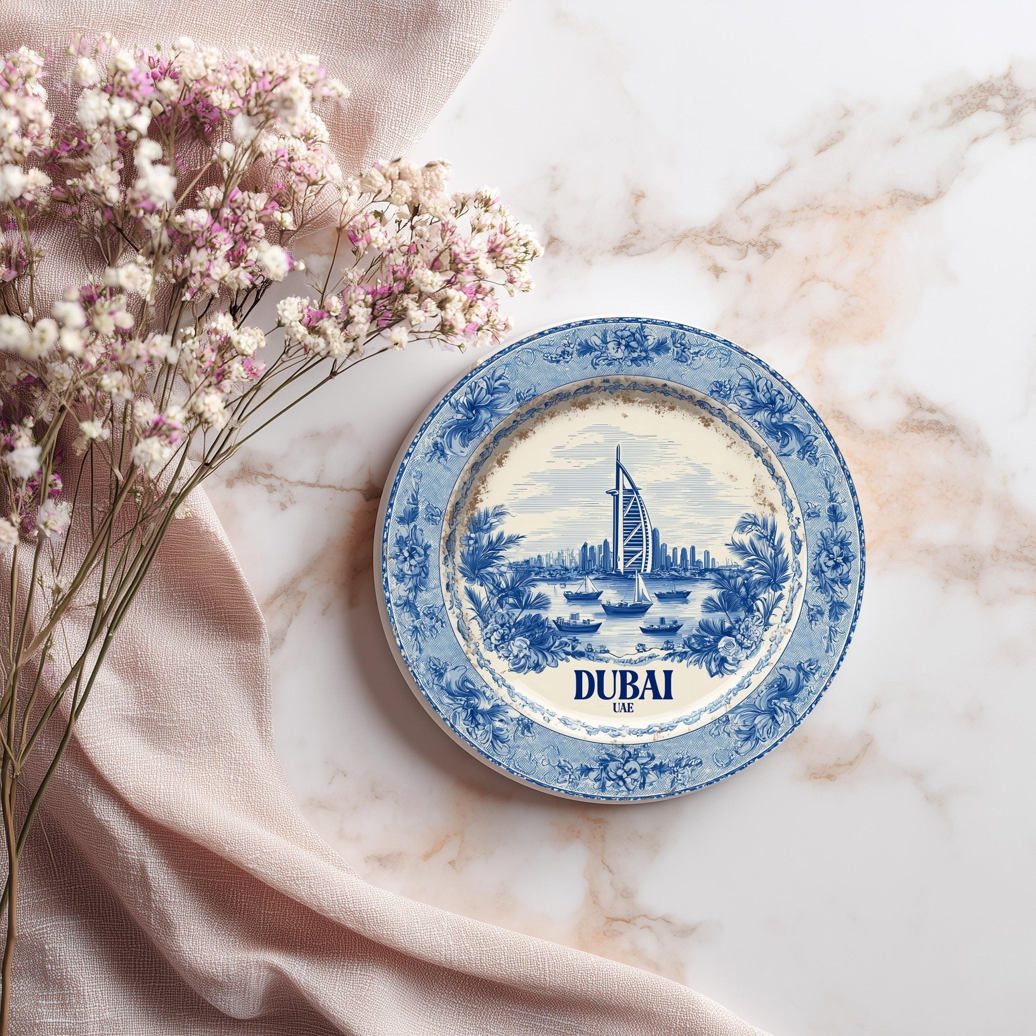 Dubai UAE Delftware Ceramic Coaster, Blue White Travel Gift, Vintage Home Decor Collectible - CuteBeePix