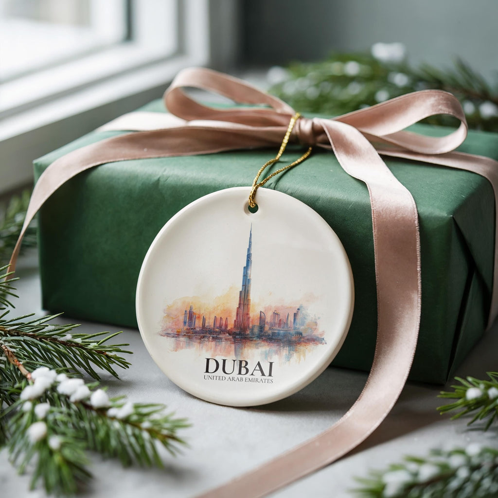 Dubai UAE Personalized Watercolor Ornament, Custom Ceramic Christmas gift, Travel Keepsake - CuteBeePix