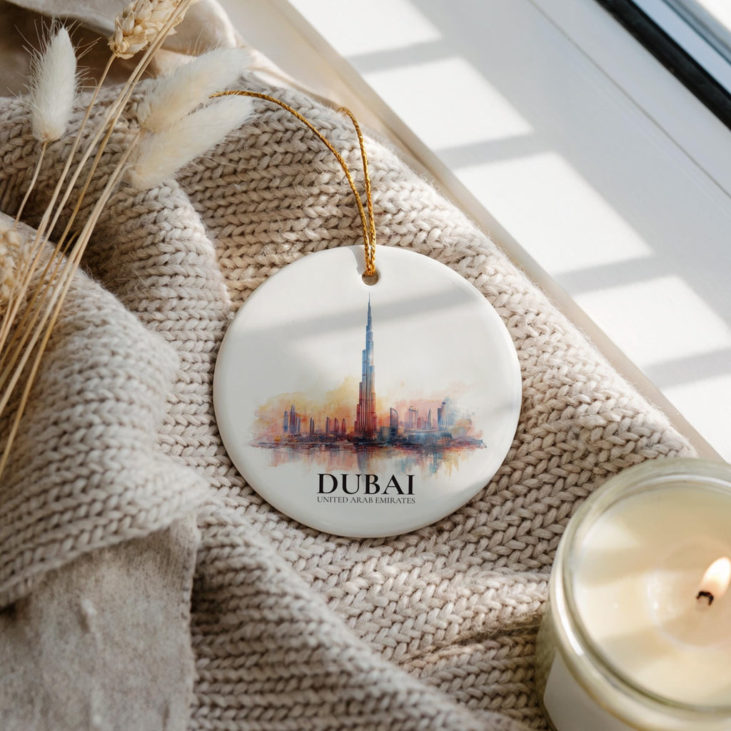 Dubai UAE Personalized Watercolor Ornament, Custom Ceramic Christmas gift, Travel Keepsake - CuteBeePix