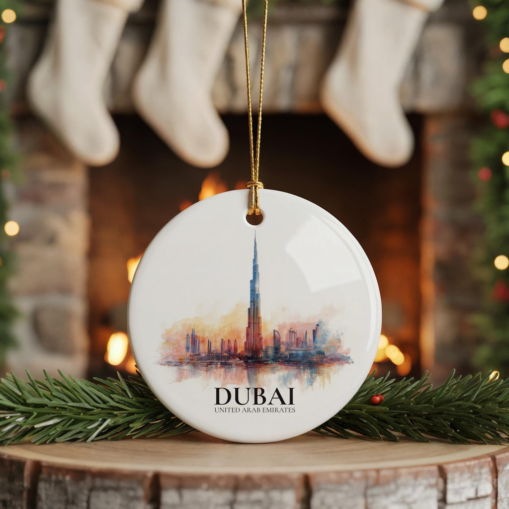 Dubai UAE Personalized Watercolor Ornament, Custom Ceramic Christmas gift, Travel Keepsake - CuteBeePix