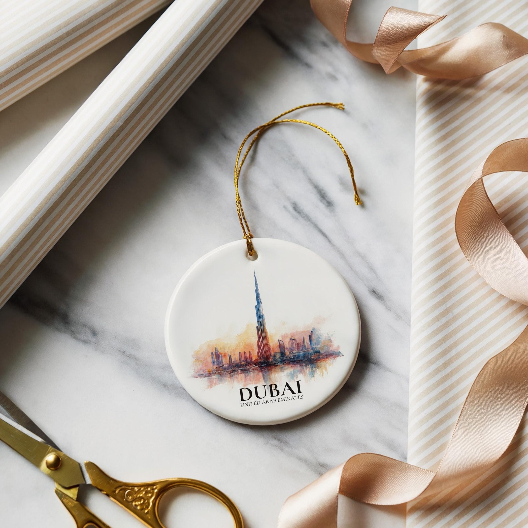 Dubai UAE Personalized Watercolor Ornament, Custom Ceramic Christmas gift, Travel Keepsake - CuteBeePix