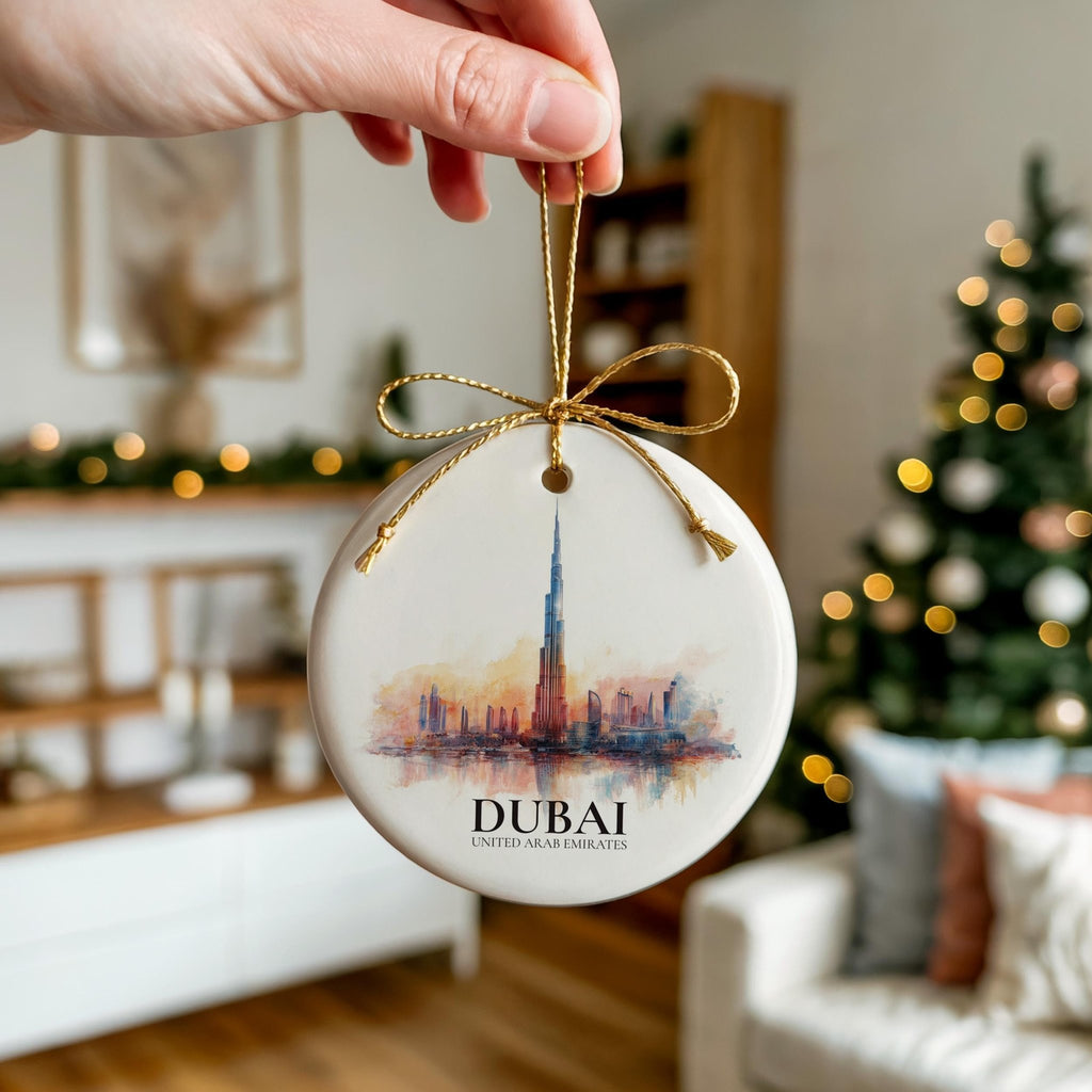 Dubai UAE Personalized Watercolor Ornament, Custom Ceramic Christmas gift, Travel Keepsake - CuteBeePix