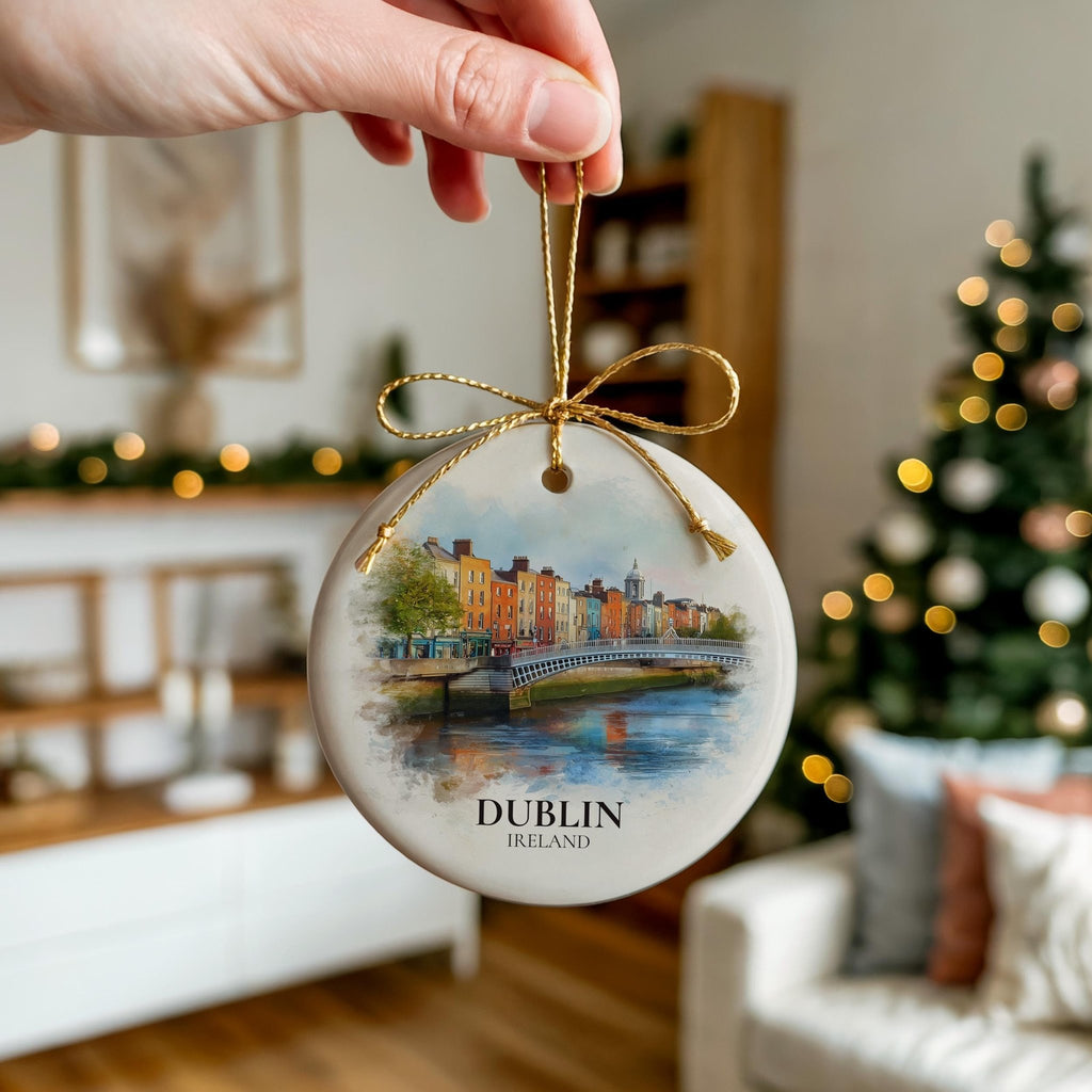Dublin Ireland Personalized Watercolor Ornament, Custom Ceramic Christmas gift, Travel Keepsake - CuteBeePix