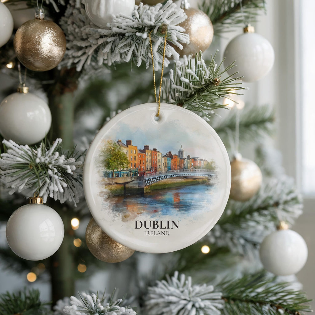 Dublin Ireland Personalized Watercolor Ornament, Custom Ceramic Christmas gift, Travel Keepsake - CuteBeePix