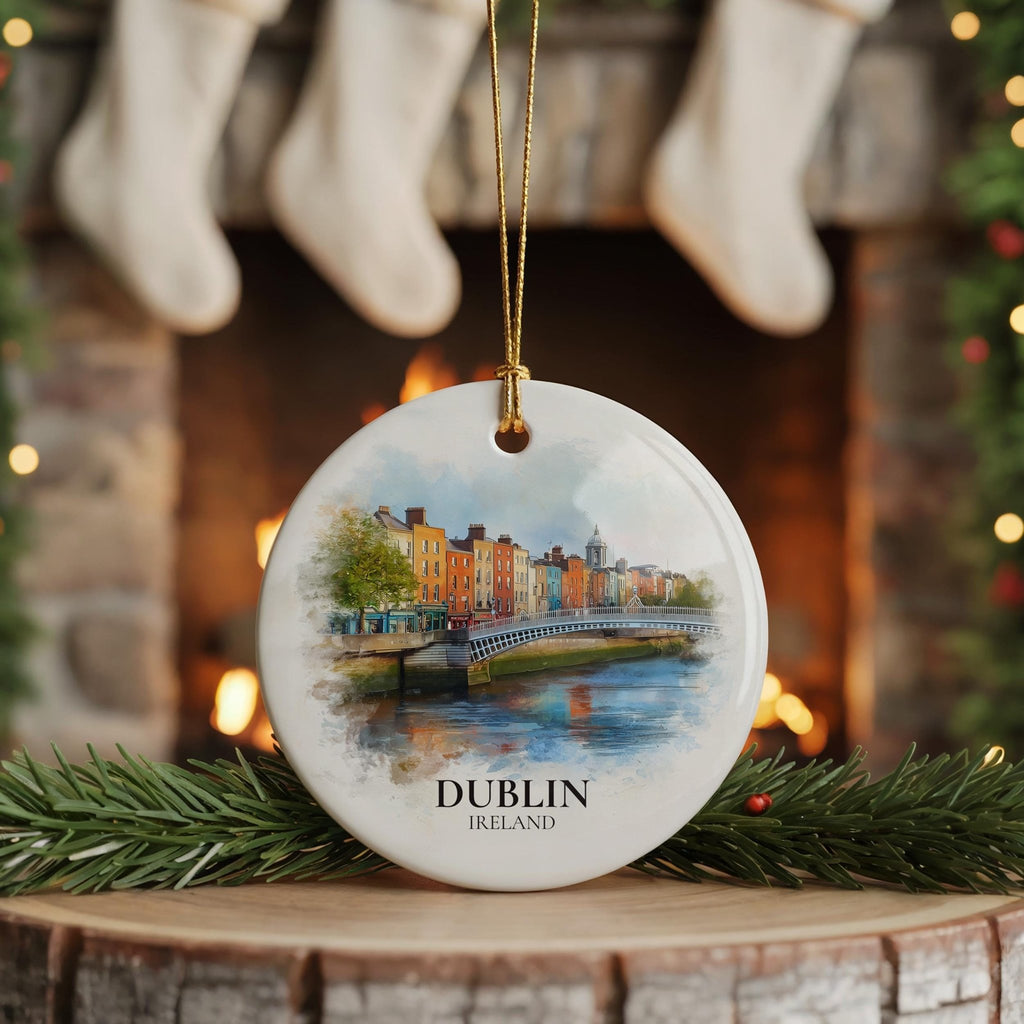 Dublin Ireland Personalized Watercolor Ornament, Custom Ceramic Christmas gift, Travel Keepsake - CuteBeePix
