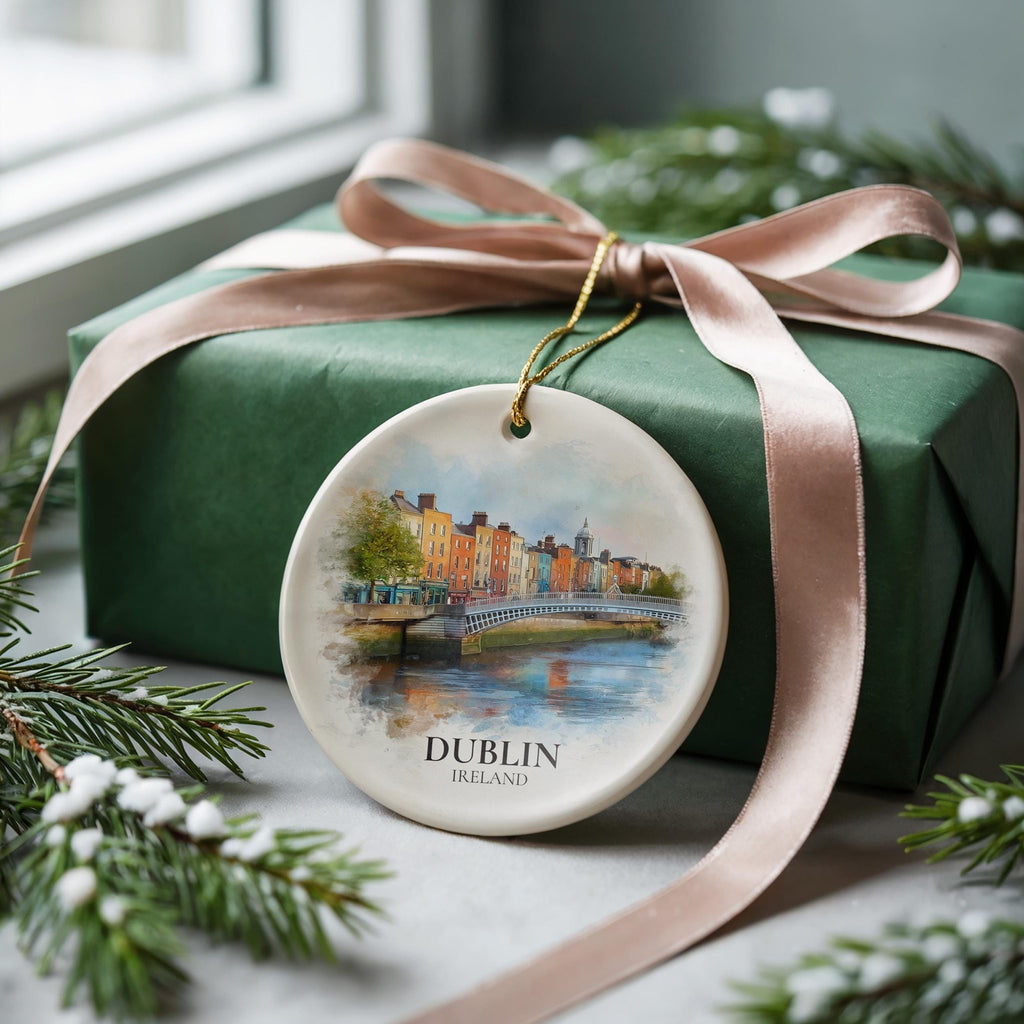 Dublin Ireland Personalized Watercolor Ornament, Custom Ceramic Christmas gift, Travel Keepsake - CuteBeePix