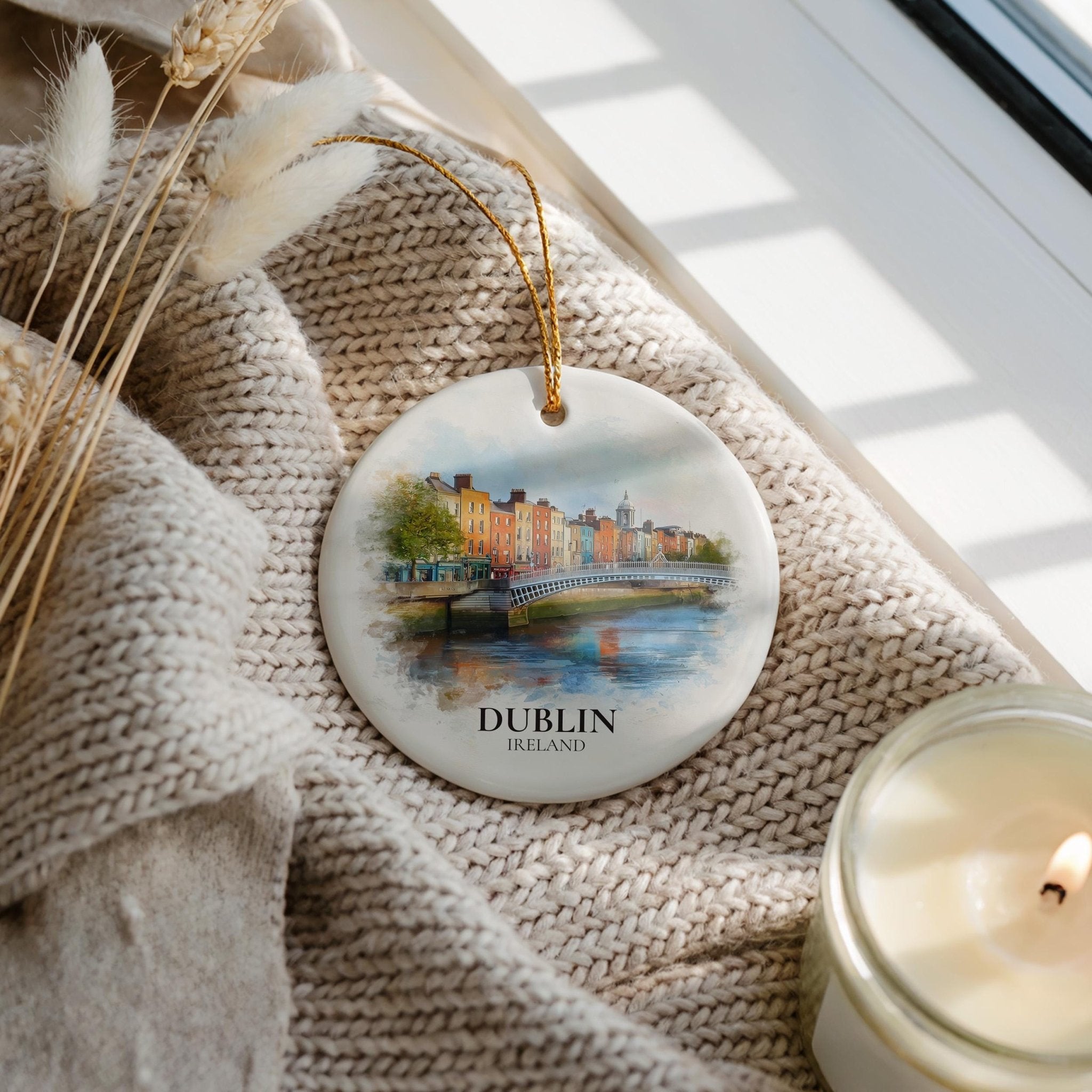 Dublin Ireland Personalized Watercolor Ornament, Custom Ceramic Christmas gift, Travel Keepsake - CuteBeePix