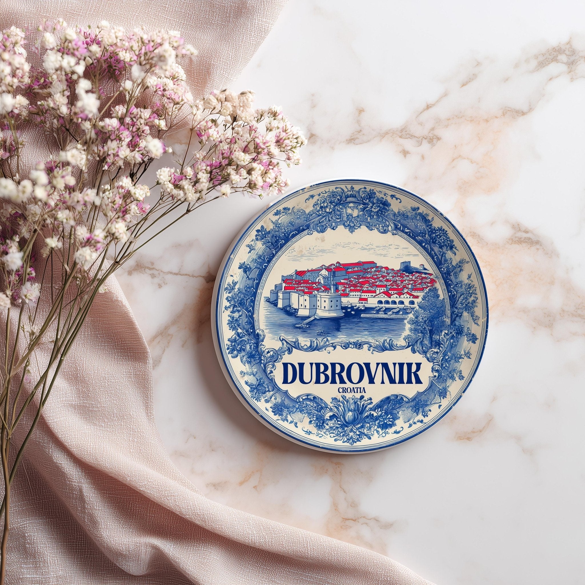 Dubrovnik Croatia Delftware Ceramic Coaster, Blue White Travel Gift, Vintage Home Decor Collectible - CuteBeePix