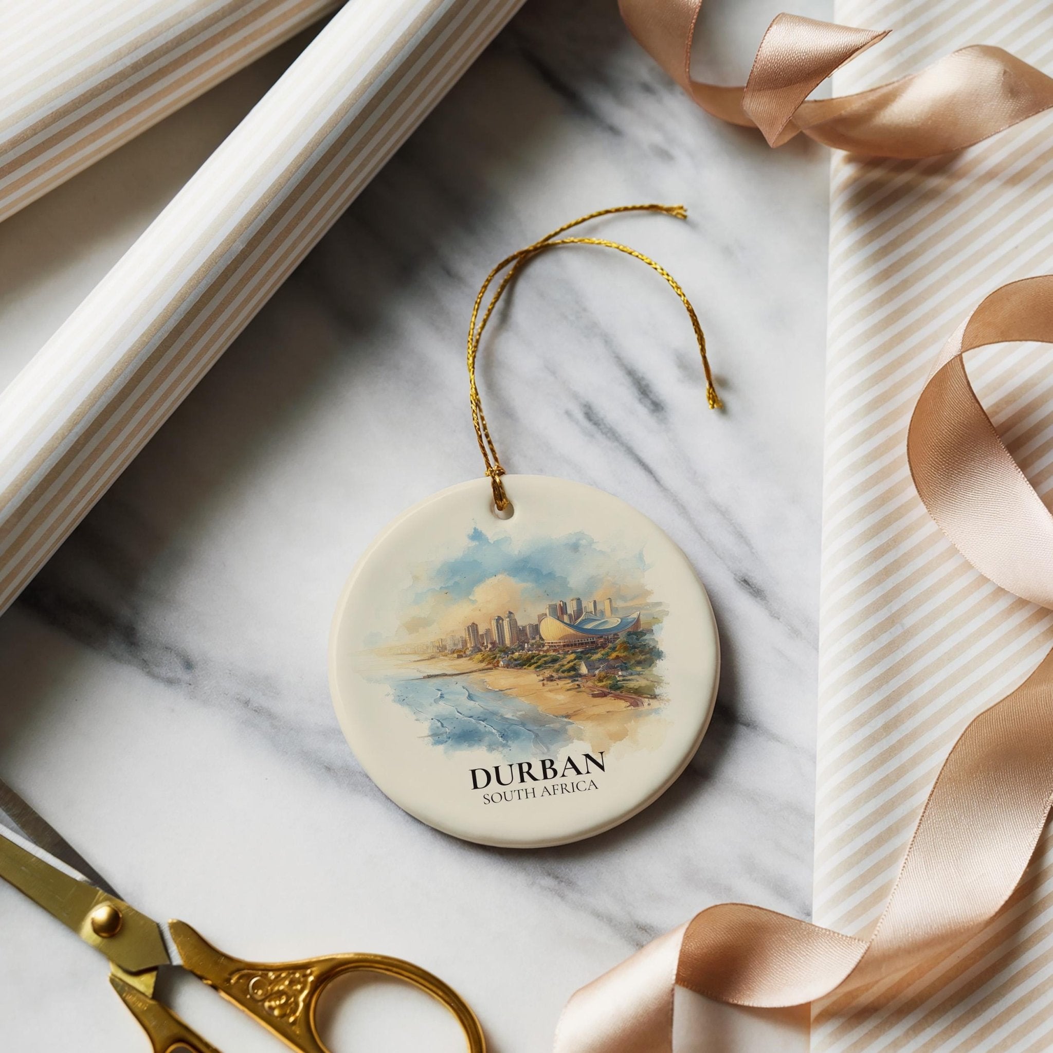 Durban South Africa Personalized Watercolor Ornament, Custom Ceramic Christmas gift, Travel Keepsake - CuteBeePix
