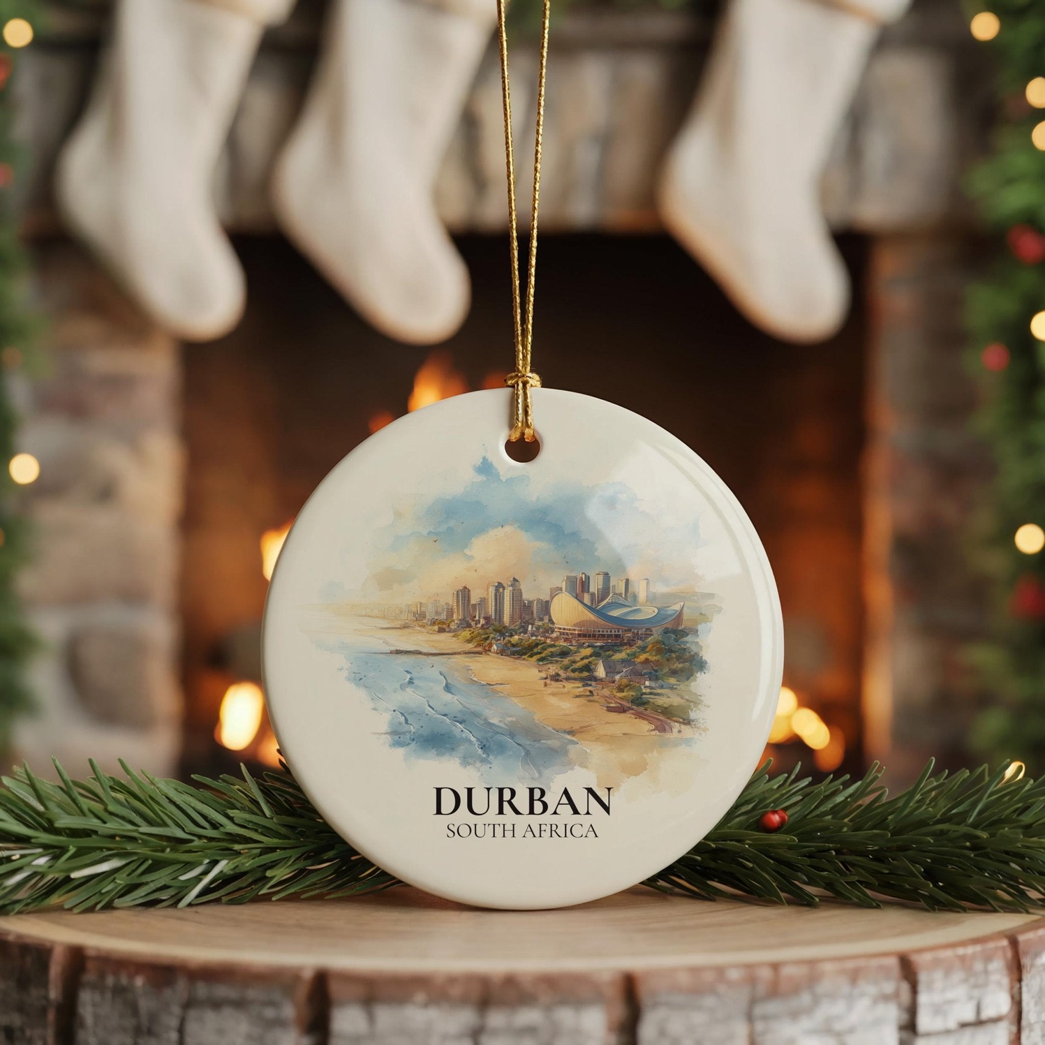 Durban South Africa Personalized Watercolor Ornament, Custom Ceramic Christmas gift, Travel Keepsake - CuteBeePix