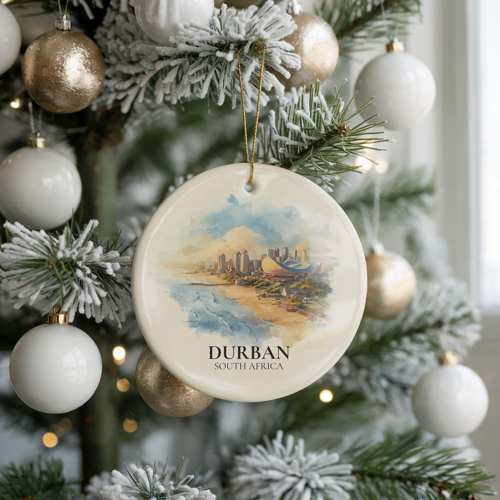 Durban South Africa Personalized Watercolor Ornament, Custom Ceramic Christmas gift, Travel Keepsake - CuteBeePix