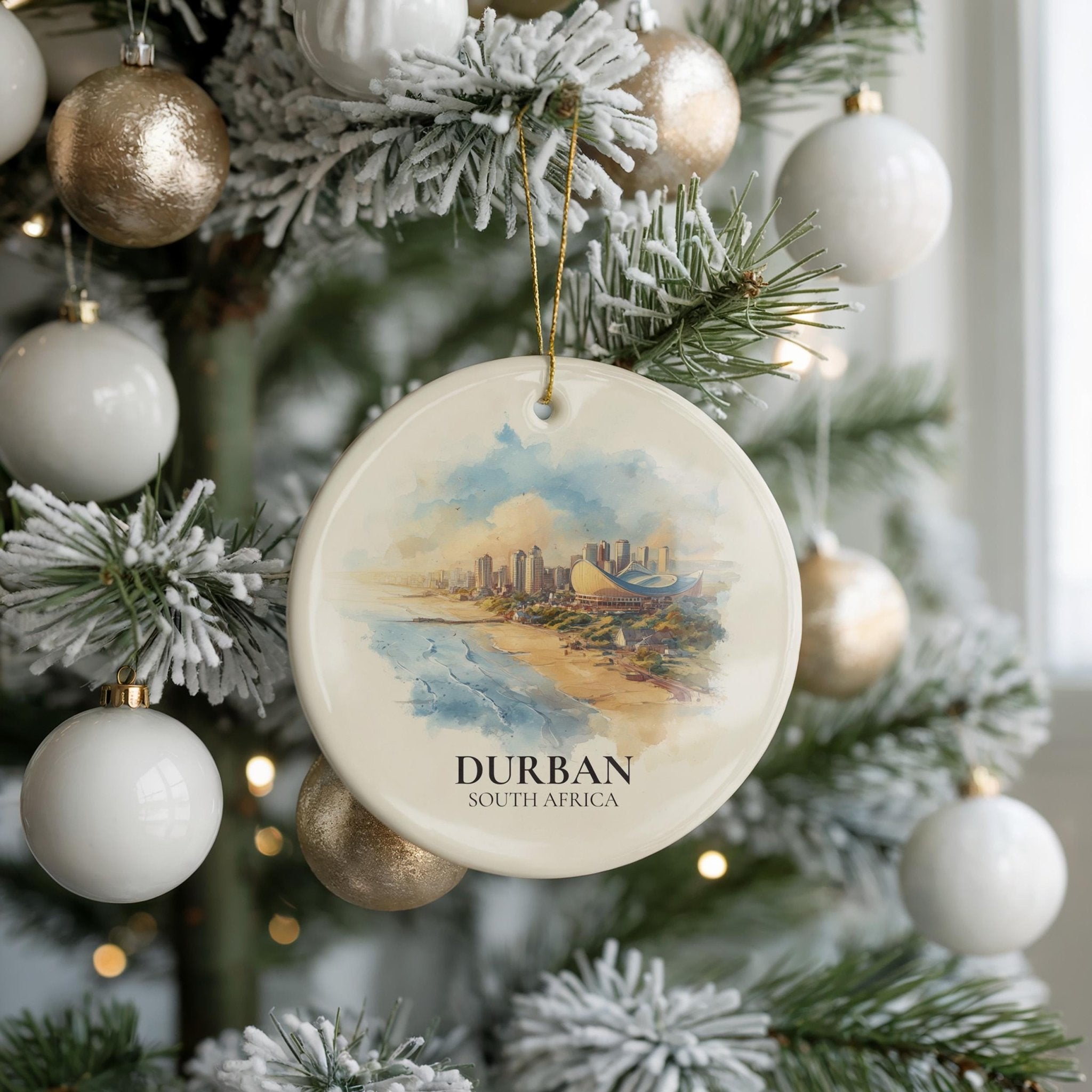 Durban South Africa Personalized Watercolor Ornament, Custom Ceramic Christmas gift, Travel Keepsake - CuteBeePix