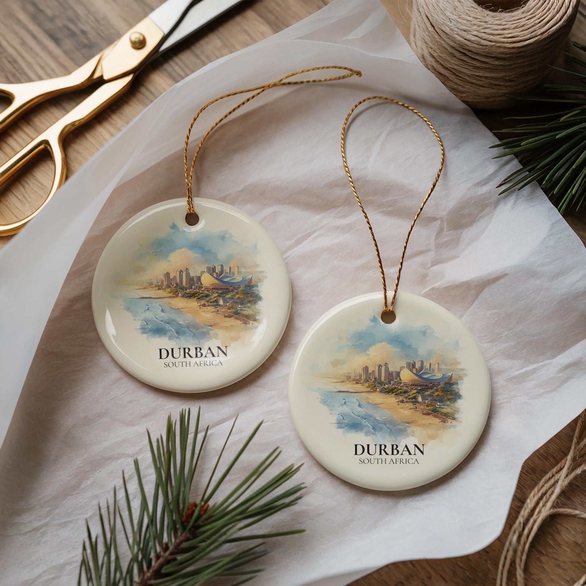 Durban South Africa Personalized Watercolor Ornament, Custom Ceramic Christmas gift, Travel Keepsake - CuteBeePix